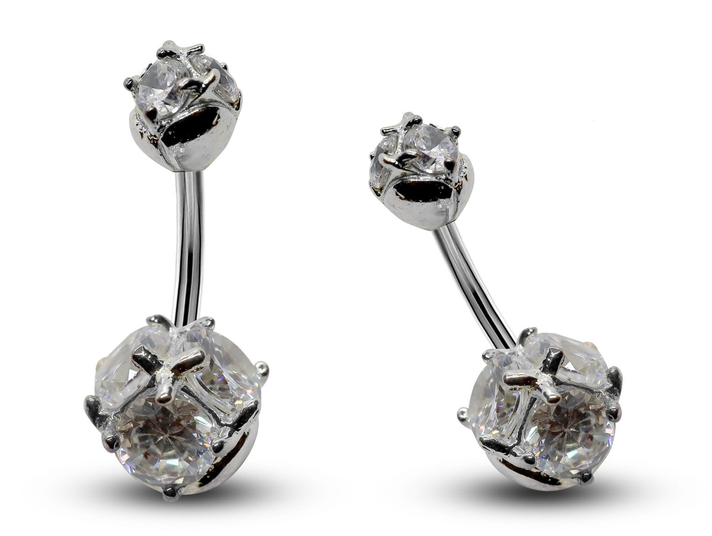 Silver Belly Bars, Navel Ring - Triple Round Crystal Belly Piercing - Prong Setting - Navel Jewelry - 16g (1.6mm) Length is 10mm