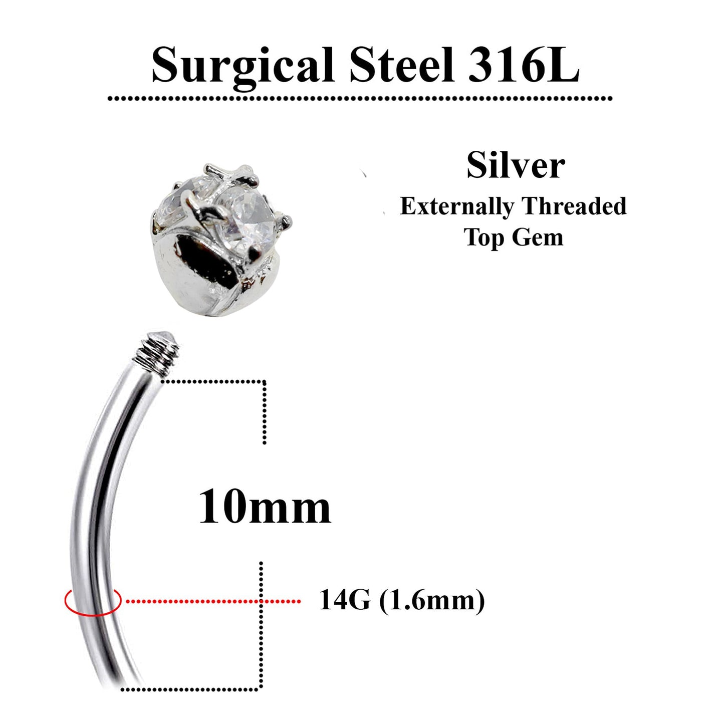 Silver Belly Bars, Navel Ring - Triple Round Crystal Belly Piercing - Prong Setting - Navel Jewelry - 16g (1.6mm) Length is 10mm