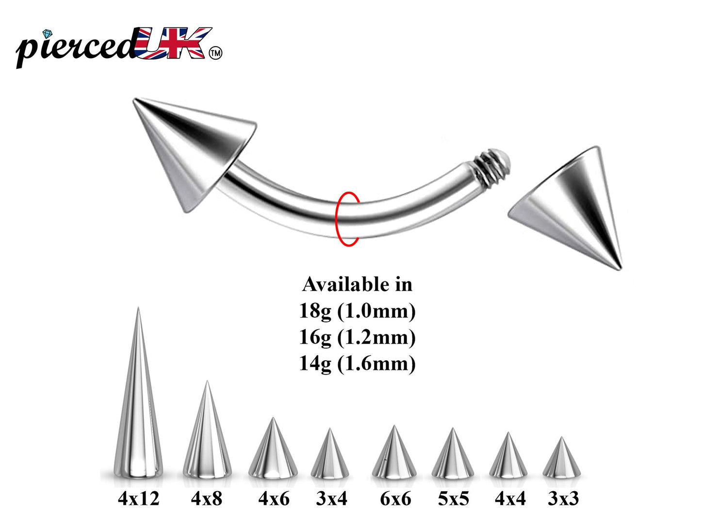 Curved Barbell Piercing, Daith Earring - Bent Spike Barbell Piercing - 18g 16g, 14g - Piercing for Eyebrow, Ear, Belly Ring, and More