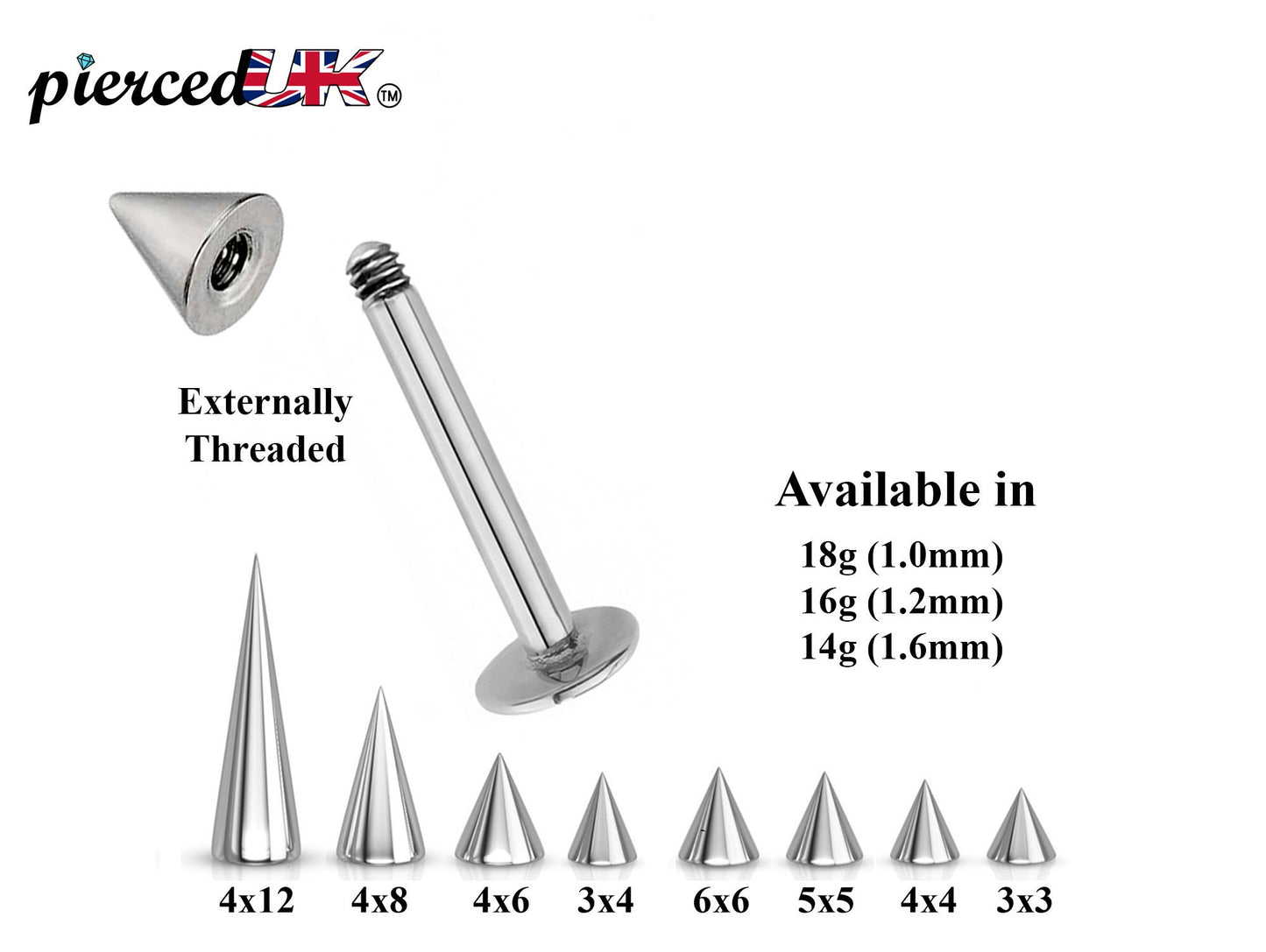 Spike Cone Barbell or Labret Body Piercing available 18g 16g 14g Labret Stud for Lip and Chin or Barbell Stud for Nose and Nipple Bar
