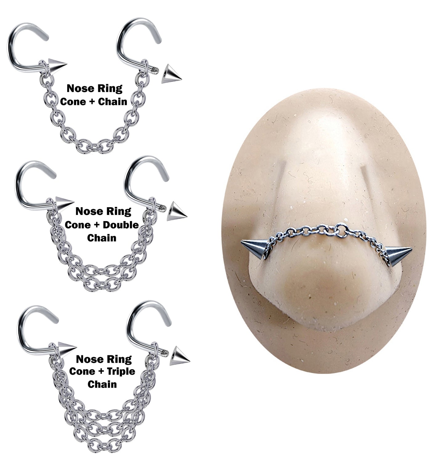 Titanium Nasallang Nose Chain Hand Made custom Size ,Nose Piercing with Threaded Cone/ Spike- Nostril Screw, Nostril Chain Jewellery