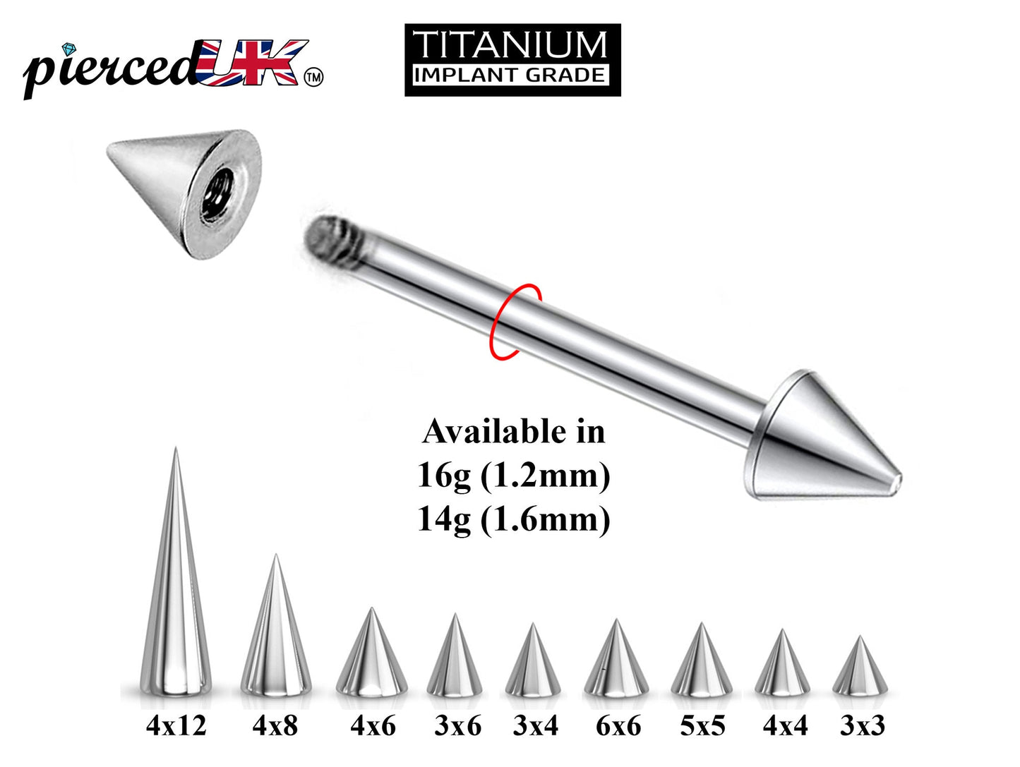 Titanium Spike Barbell, Industrial Piercing Spike – Cone Spike Straight Barbell 16g, 14g (1.2 & 1.6mm) – Nipple, Cartilage, Ear Piercing