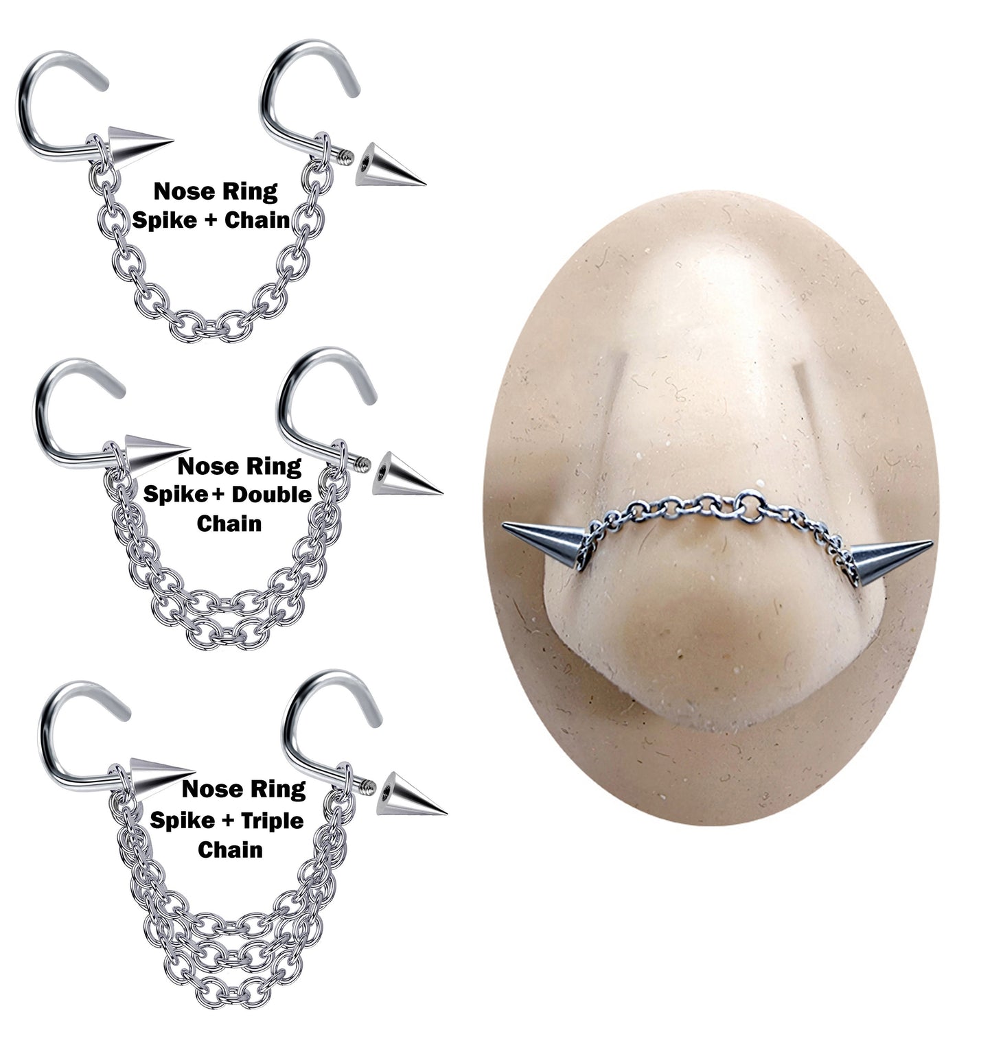 Titanium Nasallang Nose Chain Hand Made custom Size ,Nose Piercing with Threaded Cone/ Spike- Nostril Screw, Nostril Chain Jewellery
