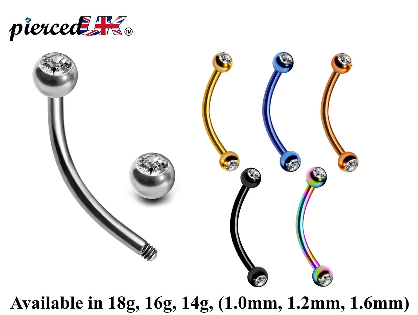 Curved Barbell, Daith Piercing – 18g, 16g, 14g Eyebrow Piercing Jewelry in many Colors with Clear Crystal Top Gem Ball