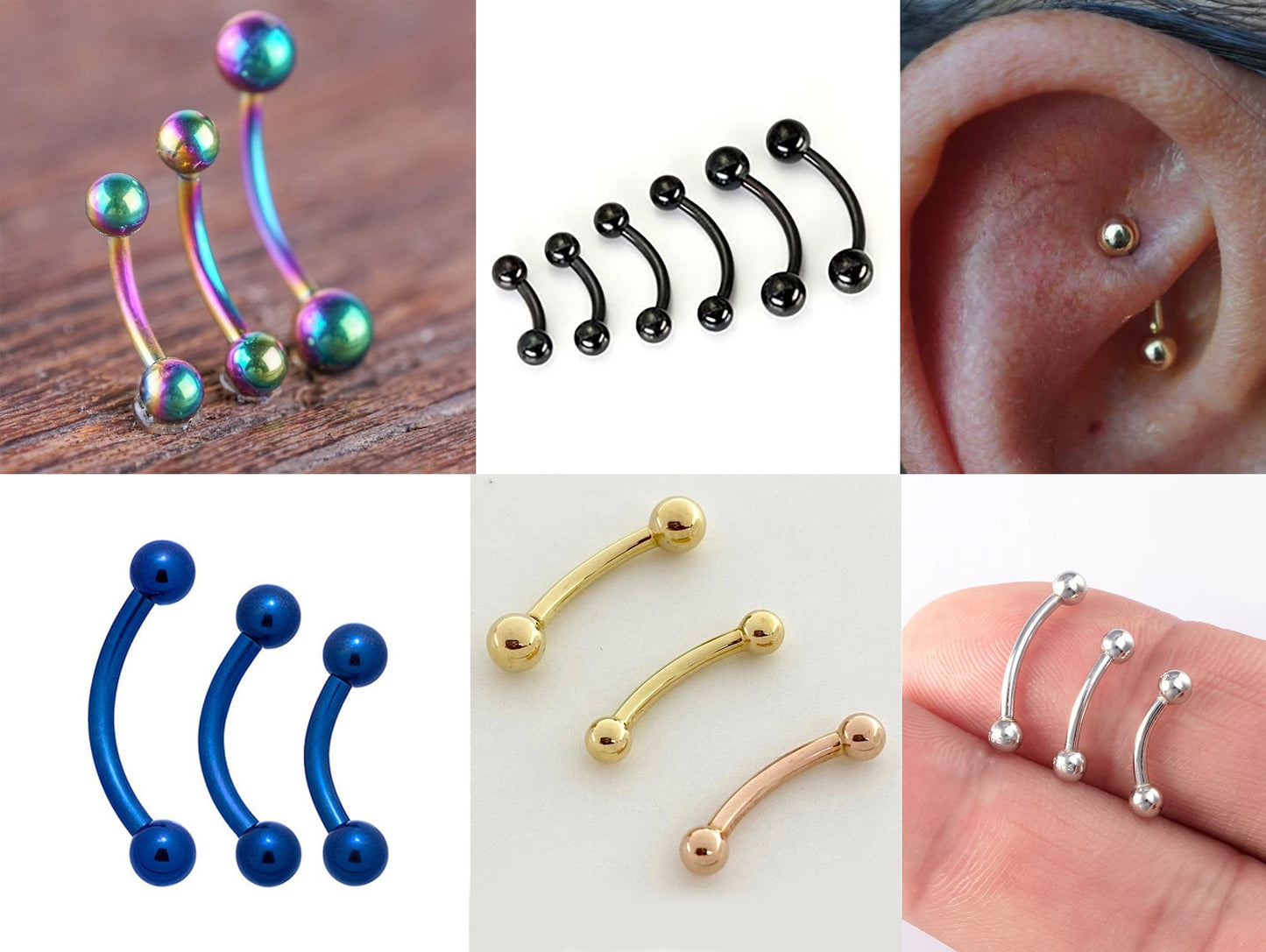 Curved Barbell, Daith Piercing – 18g, 16g, 14g Eyebrow Piercing Jewelry in many Colors with Clear Crystal Top Gem Ball