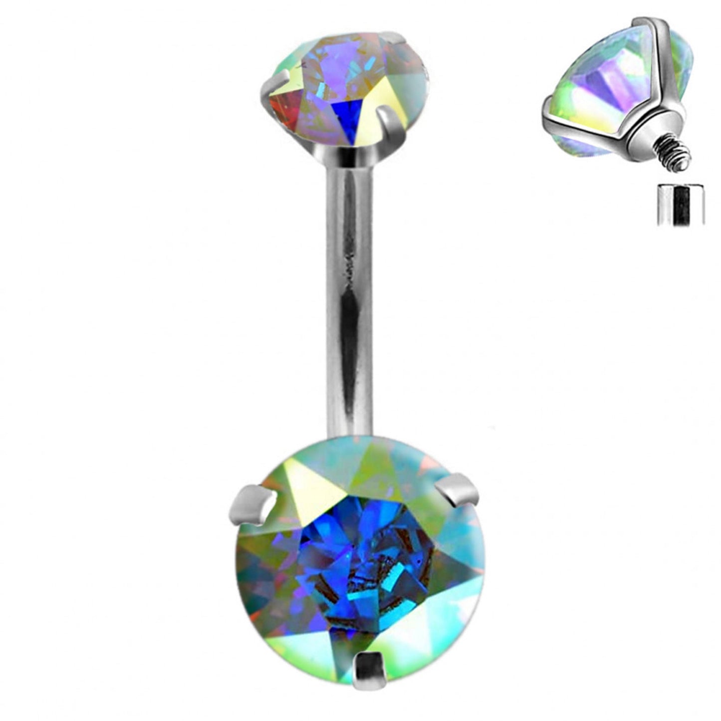 Belly Bar, Belly Button Rings - Internally Threaded top Gem Belly Button Piercing - 14g (1.6mm) 10mm - Prong Set AAA+ CZ Crystals