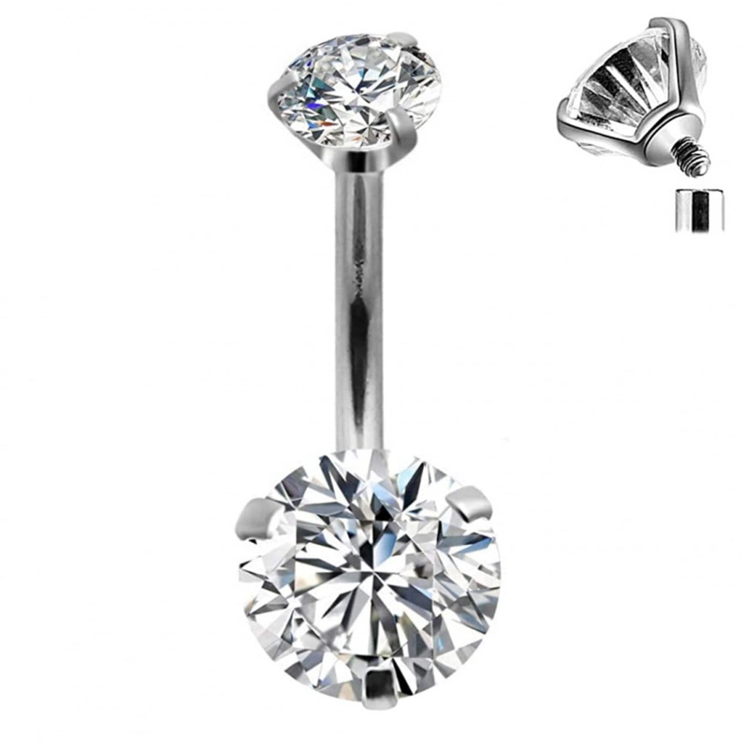Belly Bar, Belly Button Rings - Internally Threaded top Gem Belly Button Piercing - 14g (1.6mm) 10mm - Prong Set AAA+ CZ Crystals