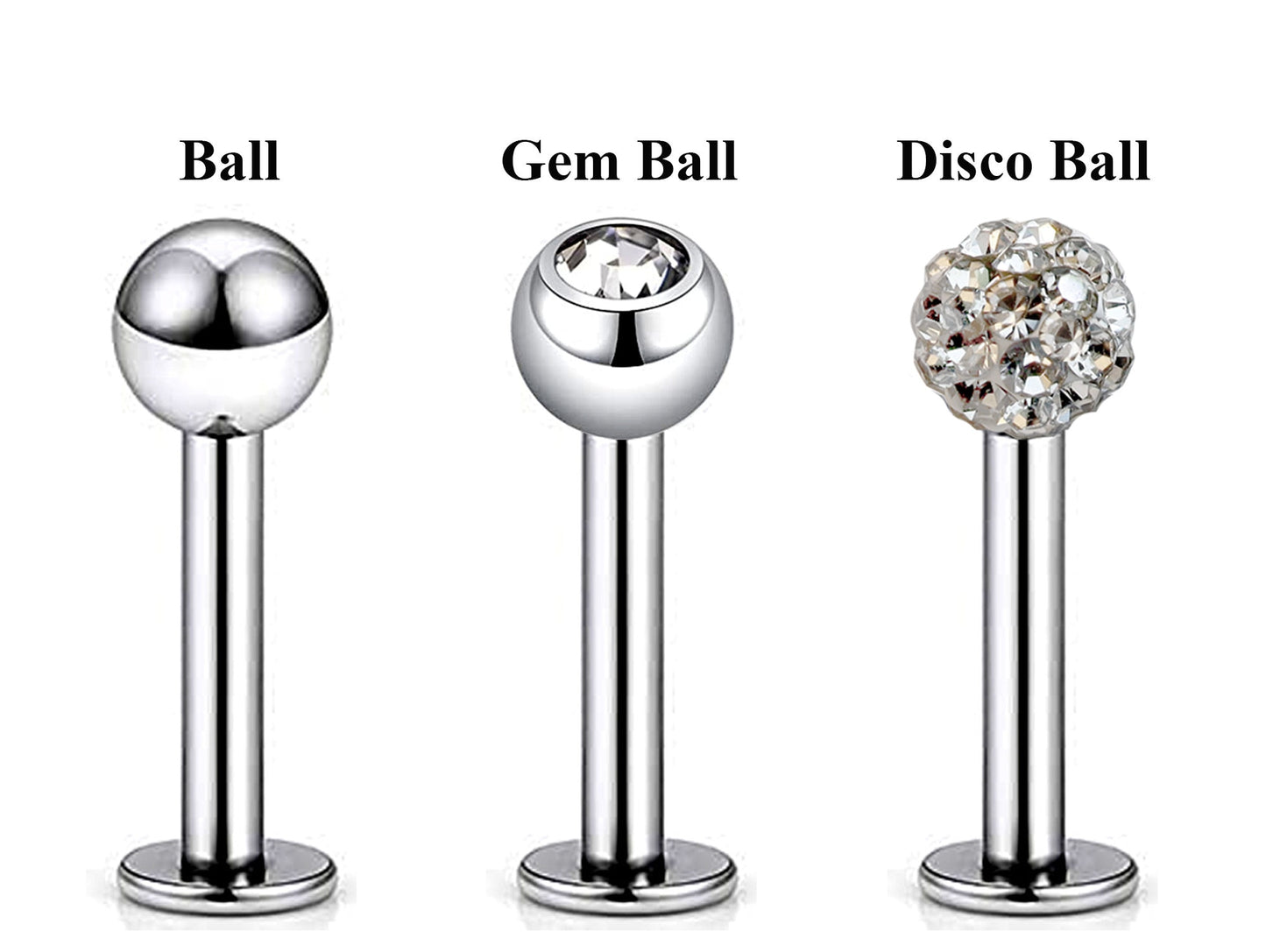Labret Stud, Labret Piercing – 3pcs Flatback Lip Piercing Jewelry – Ball / Gem ball / Disco ball – Labret Piercing for Lip, Chin and More