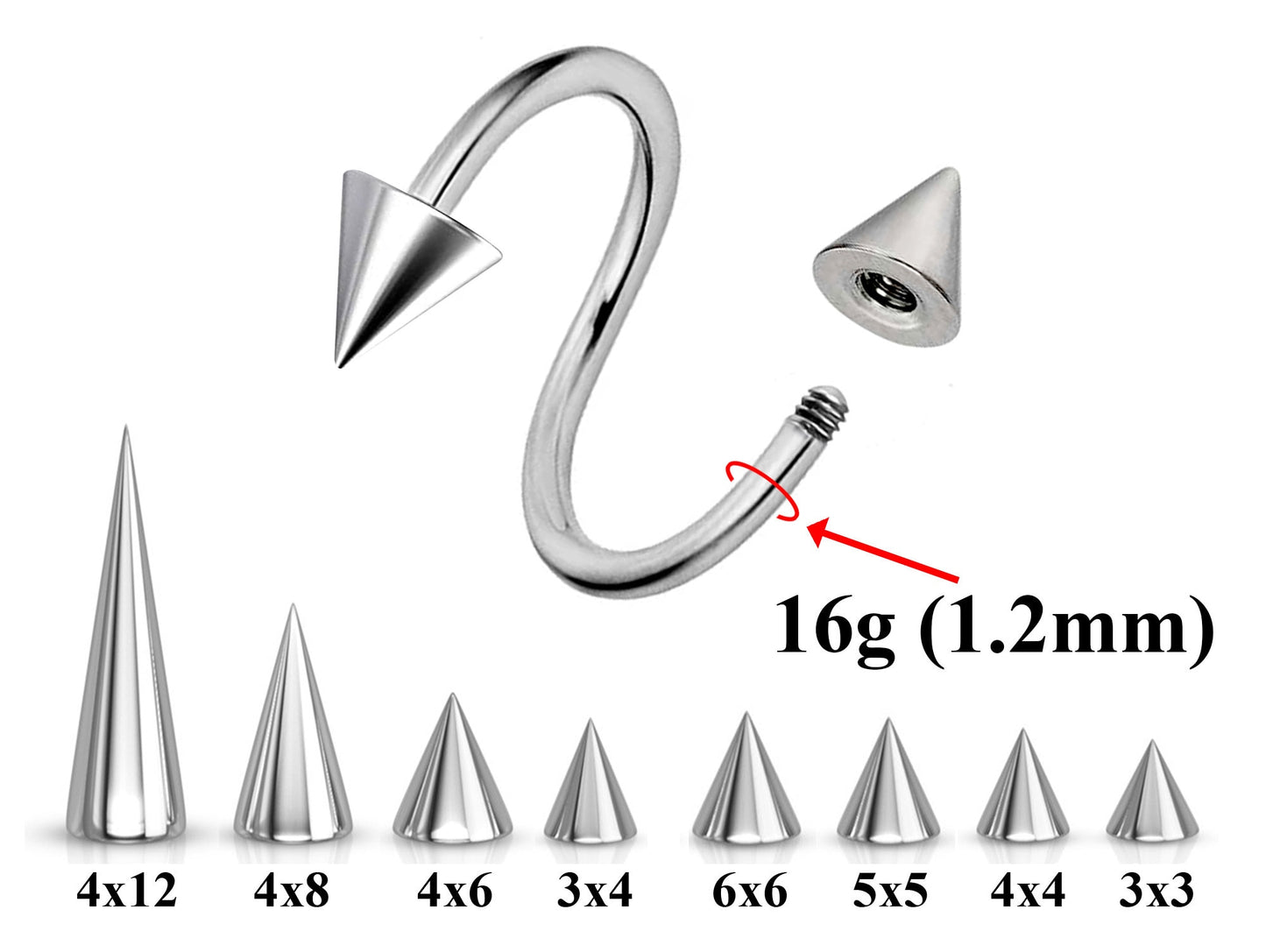Spike Cone Titanium Spiral Barbell, Eyebrow Piercing, Nipple Piercing – Conch Earrings Body Jewellery – Twisted Barbell