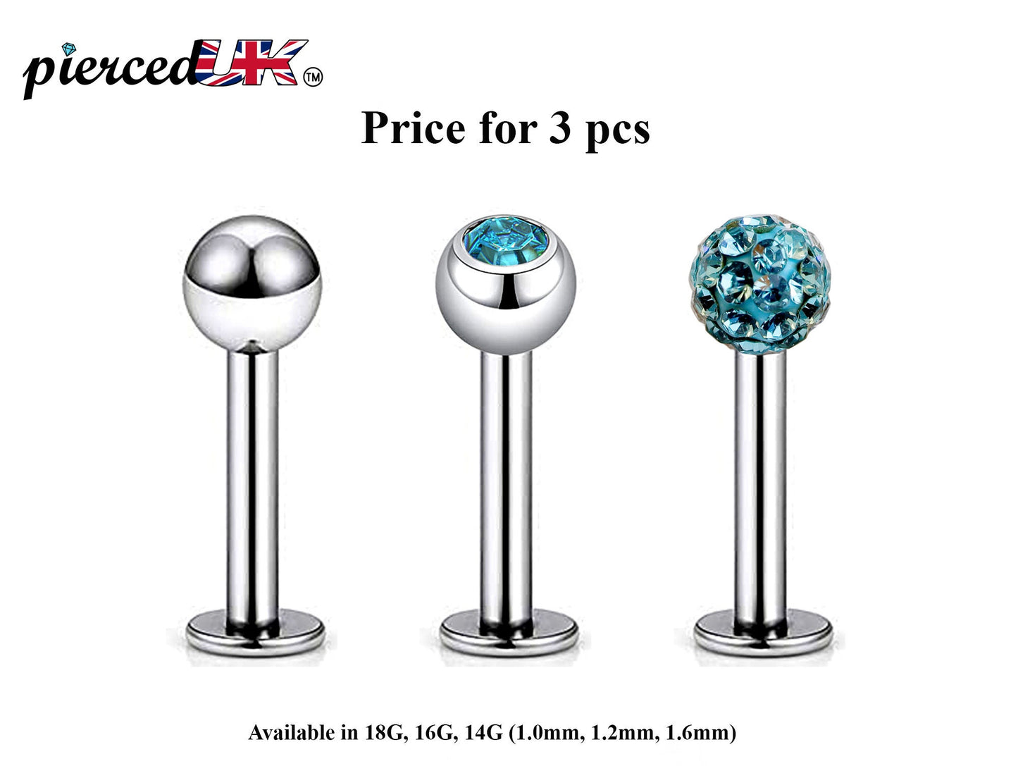 Labret Stud, Labret Piercing – 3pcs Flatback Lip Piercing Jewelry – Ball / Gem ball / Disco ball – Labret Piercing for Lip, Chin and More