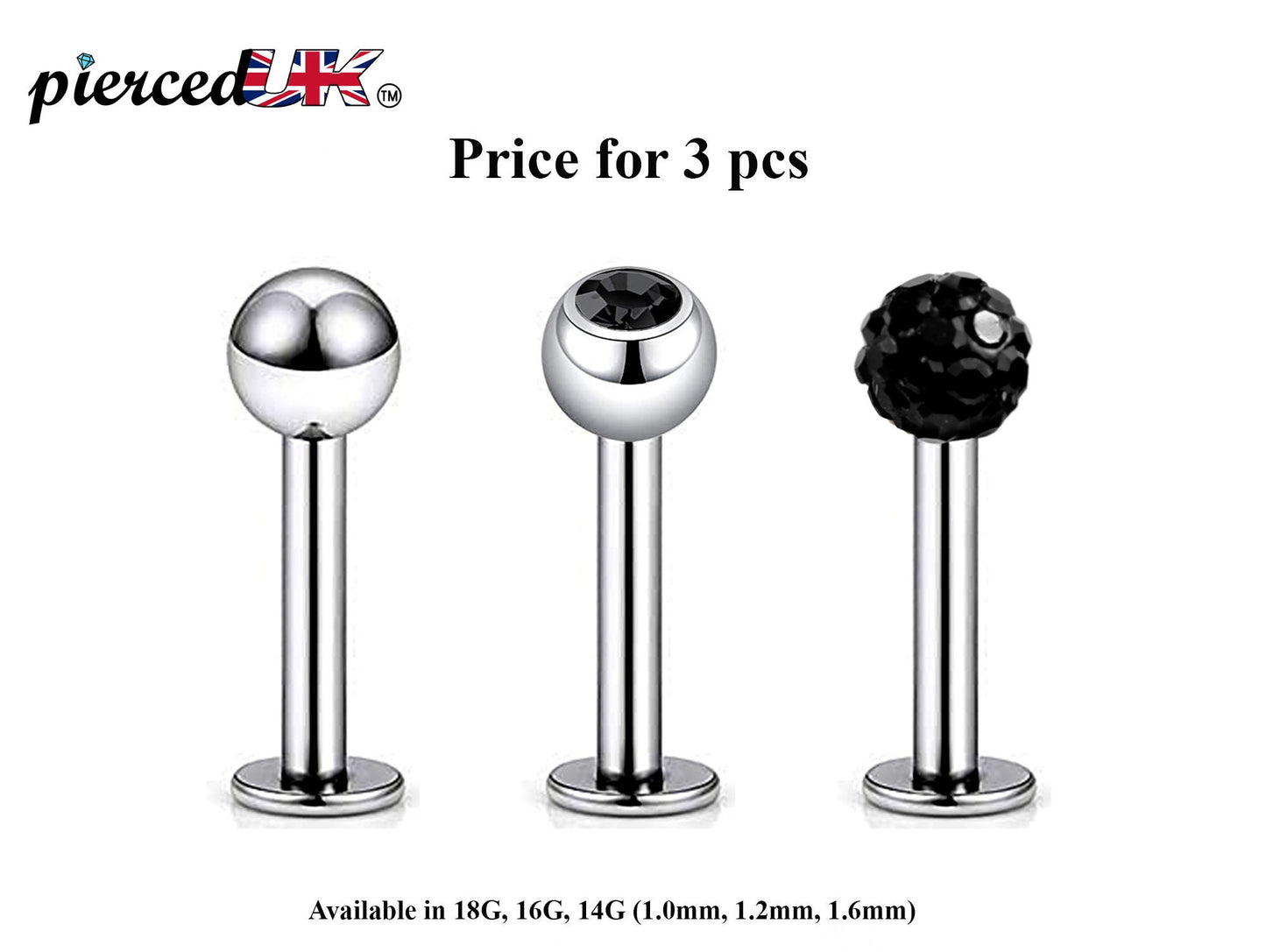 Labret Stud, Labret Piercing – 3pcs Flatback Lip Piercing Jewelry – Ball / Gem ball / Disco ball – Labret Piercing for Lip, Chin and More