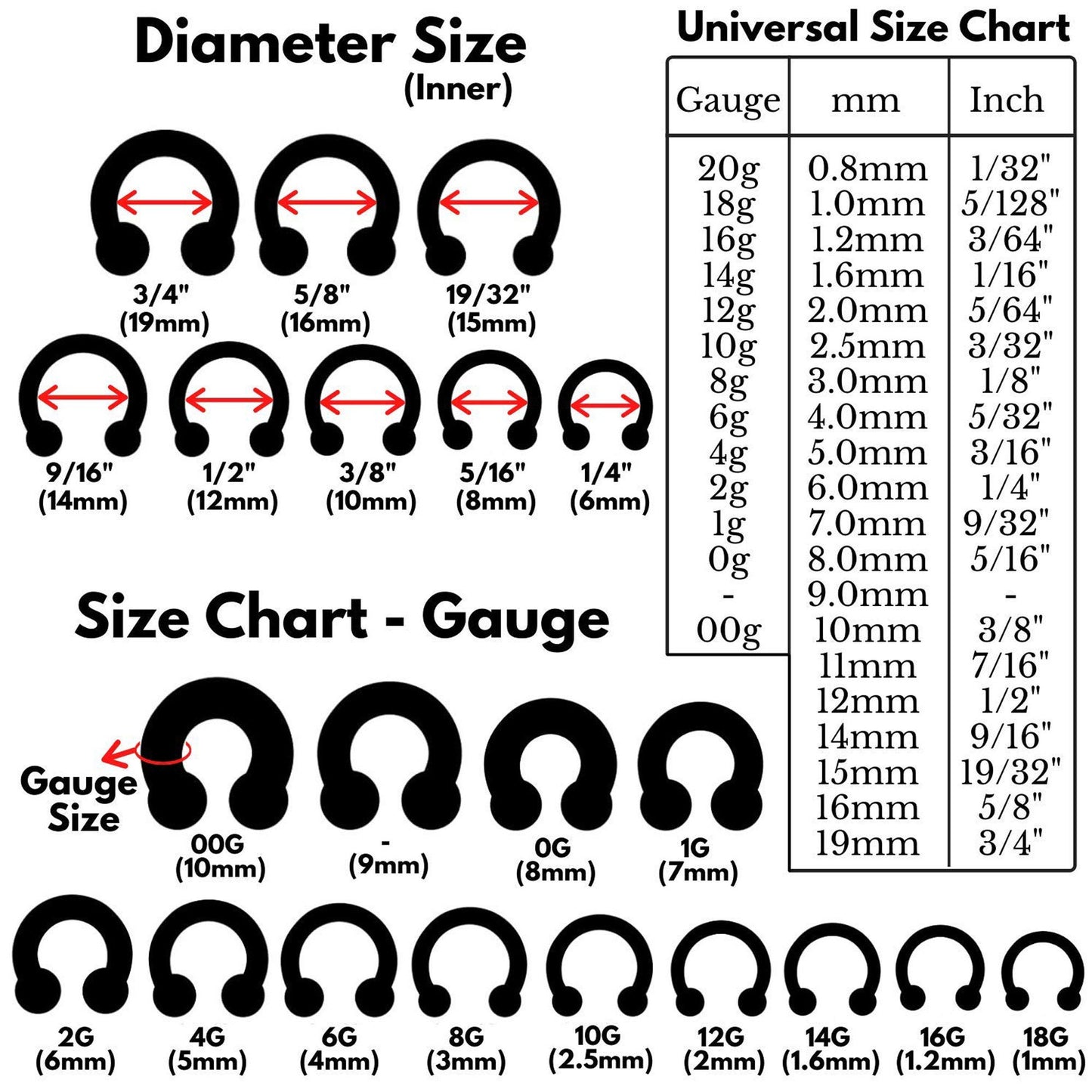 Black Horseshoe Septum Ring, Nose Ring - 2pcs Big Size Horseshoe piercing (CBB) - 10g to 00g size 12mm to 19mm - Internally Threading