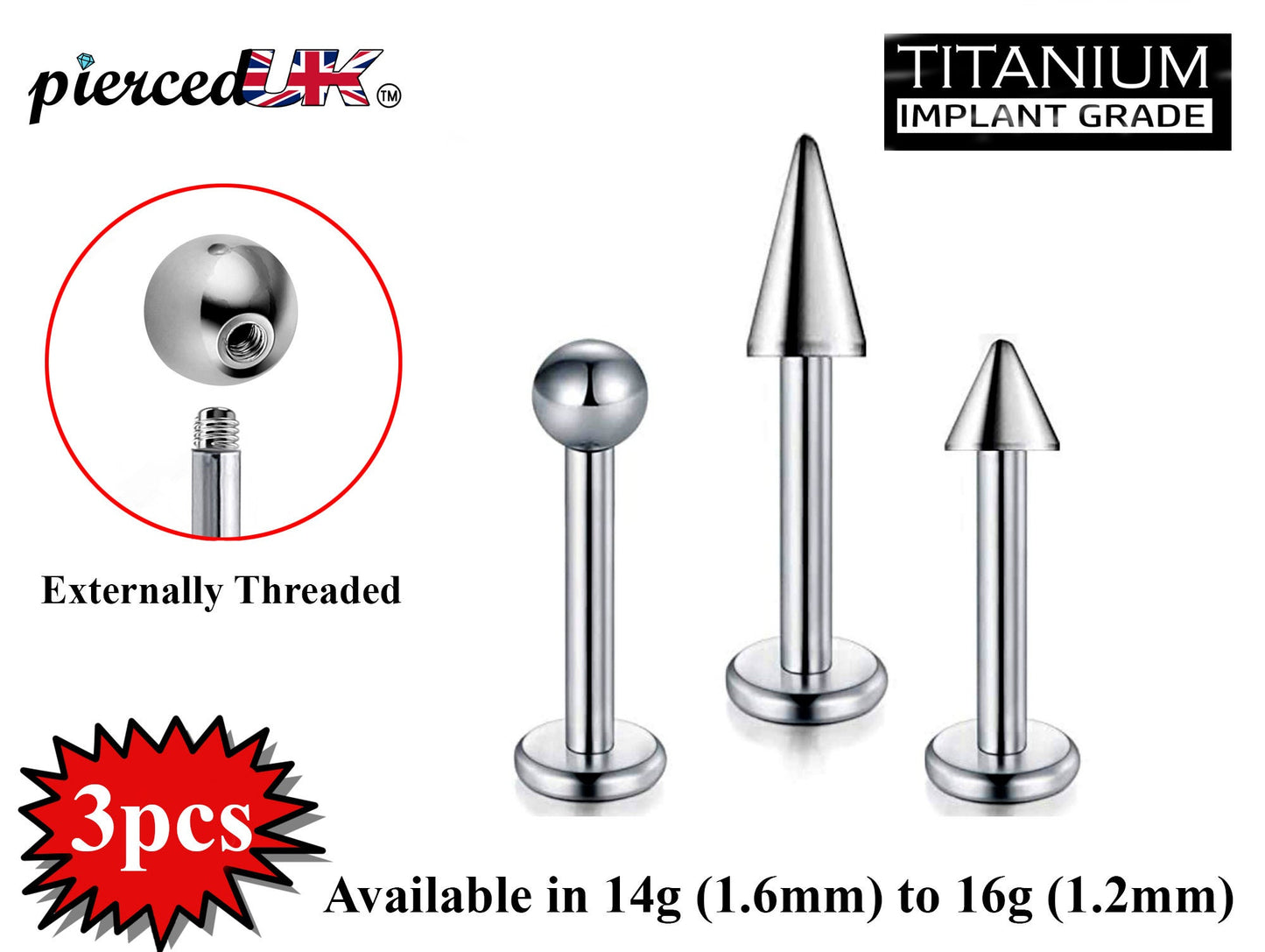 Titanium Labret Stud, Lip Piercing – Spike / Ball / Cone Value Pack of 3pcs Flatback Labret Earring – Labret Jewelry for Lip, Chin and More