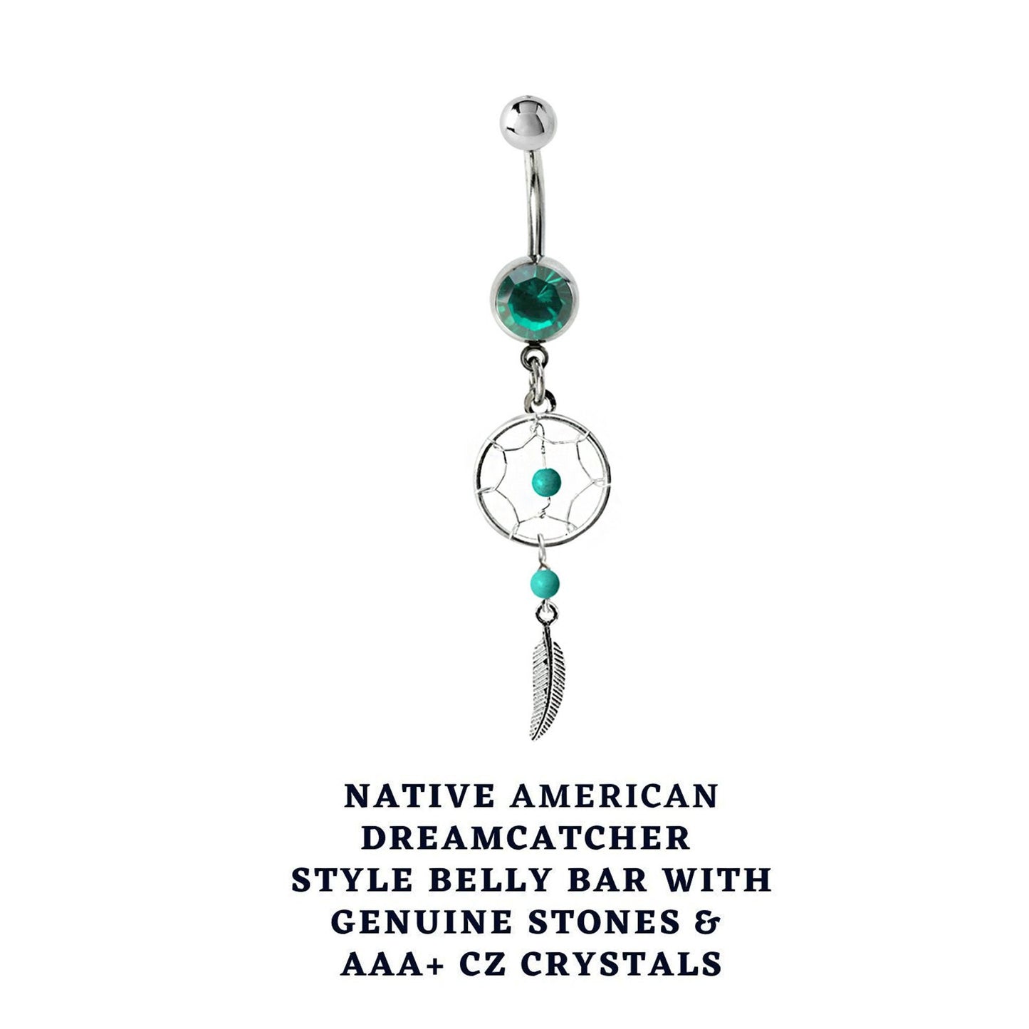 Belly Button Piercing, Navel Ring - Silver Dreamcatcher Jewellery Dangle Belly Bar with Crystal and Genuine Stone Beads- 14g (1.6mm)