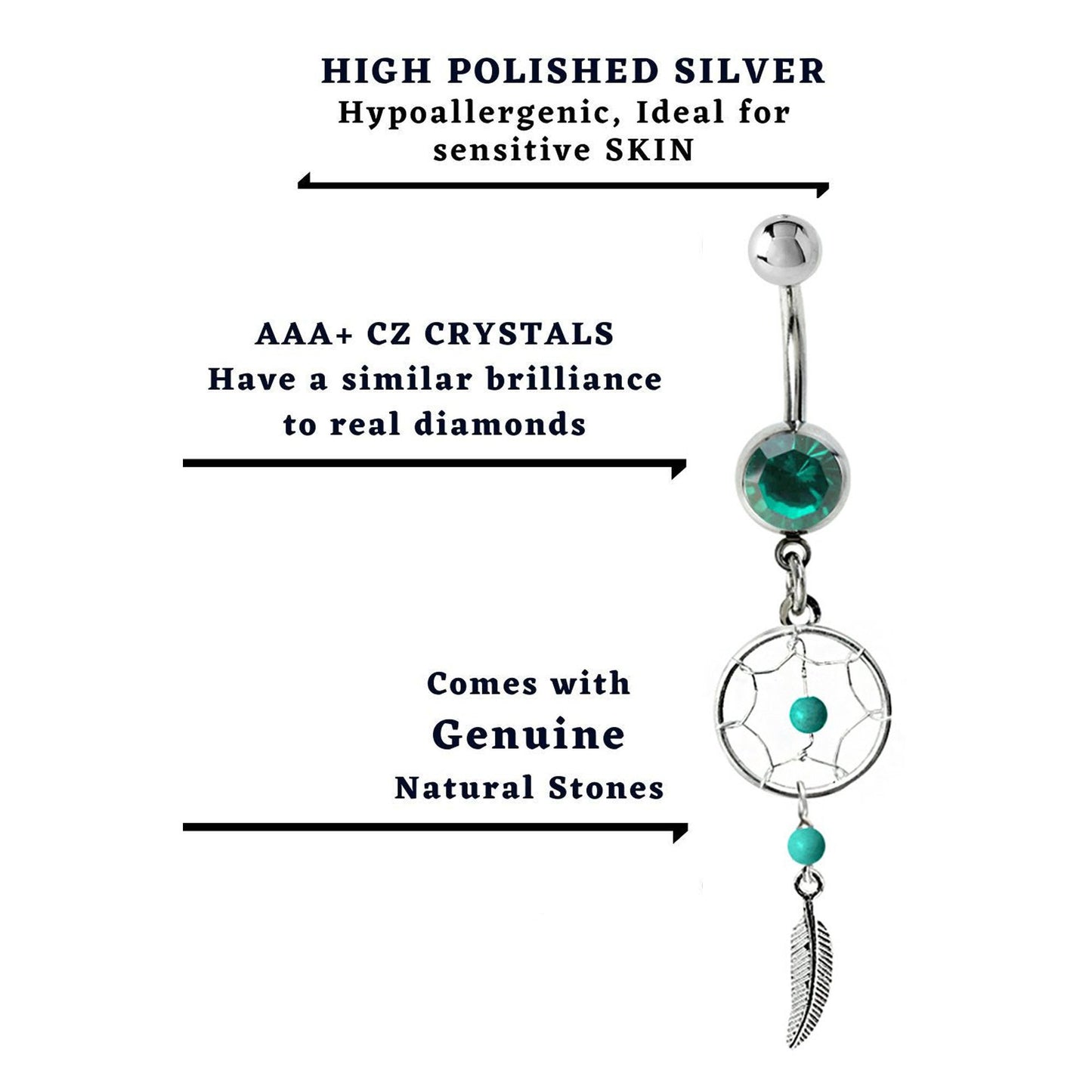 Belly Button Piercing, Navel Ring - Silver Dreamcatcher Jewellery Dangle Belly Bar with Crystal and Genuine Stone Beads- 14g (1.6mm)