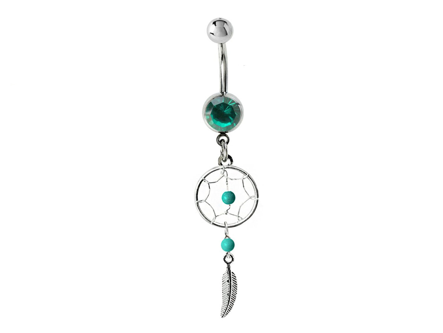 Belly Button Piercing, Navel Ring - Silver Dreamcatcher Jewellery Dangle Belly Bar with Crystal and Genuine Stone Beads- 14g (1.6mm)