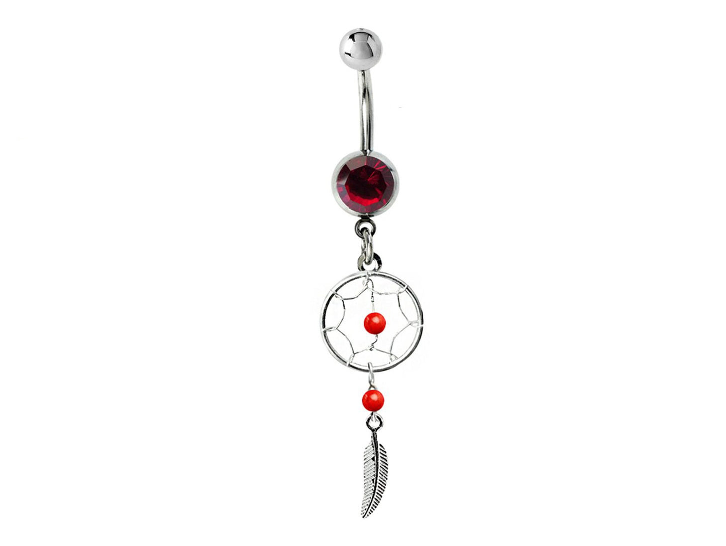 Belly Button Piercing, Navel Ring - Silver Dreamcatcher Jewellery Dangle Belly Bar with Crystal and Genuine Stone Beads- 14g (1.6mm)