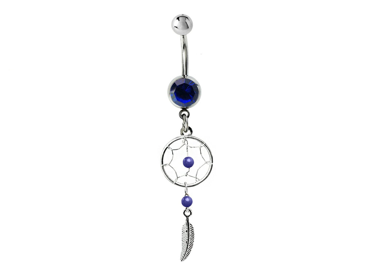 Belly Button Piercing, Navel Ring - Silver Dreamcatcher Jewellery Dangle Belly Bar with Crystal and Genuine Stone Beads- 14g (1.6mm)