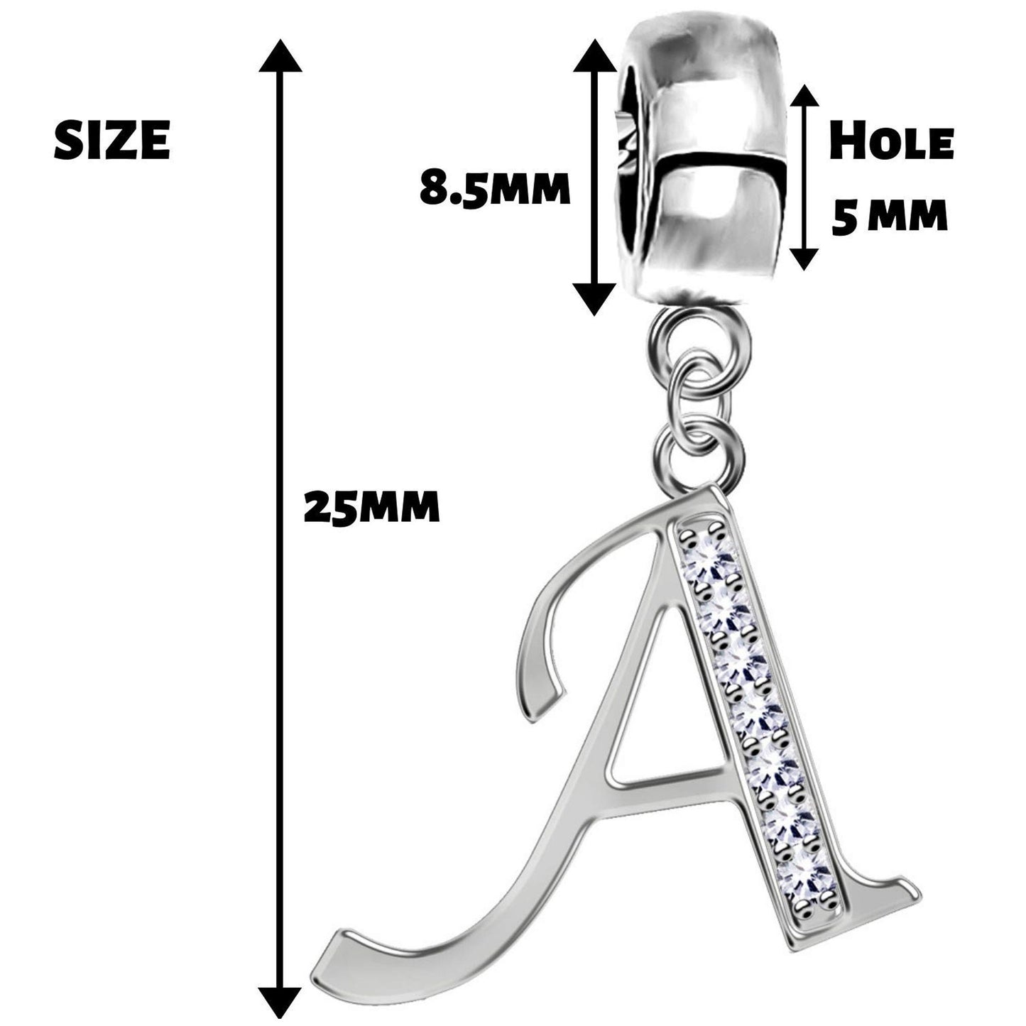 Alphabet Charms, Silver Initial Letter for Charm Bracelet with High Quality CZ Crystals - A to Z - for both Bracelet and Necklaces