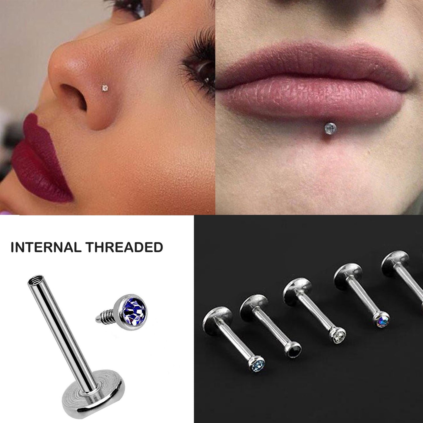 Labret Earring, Lip Jewelry – Internally threaded Round Top Crystals– 16g, 14g Labret Piercing Lip, Helix, Tragus, Cartilage