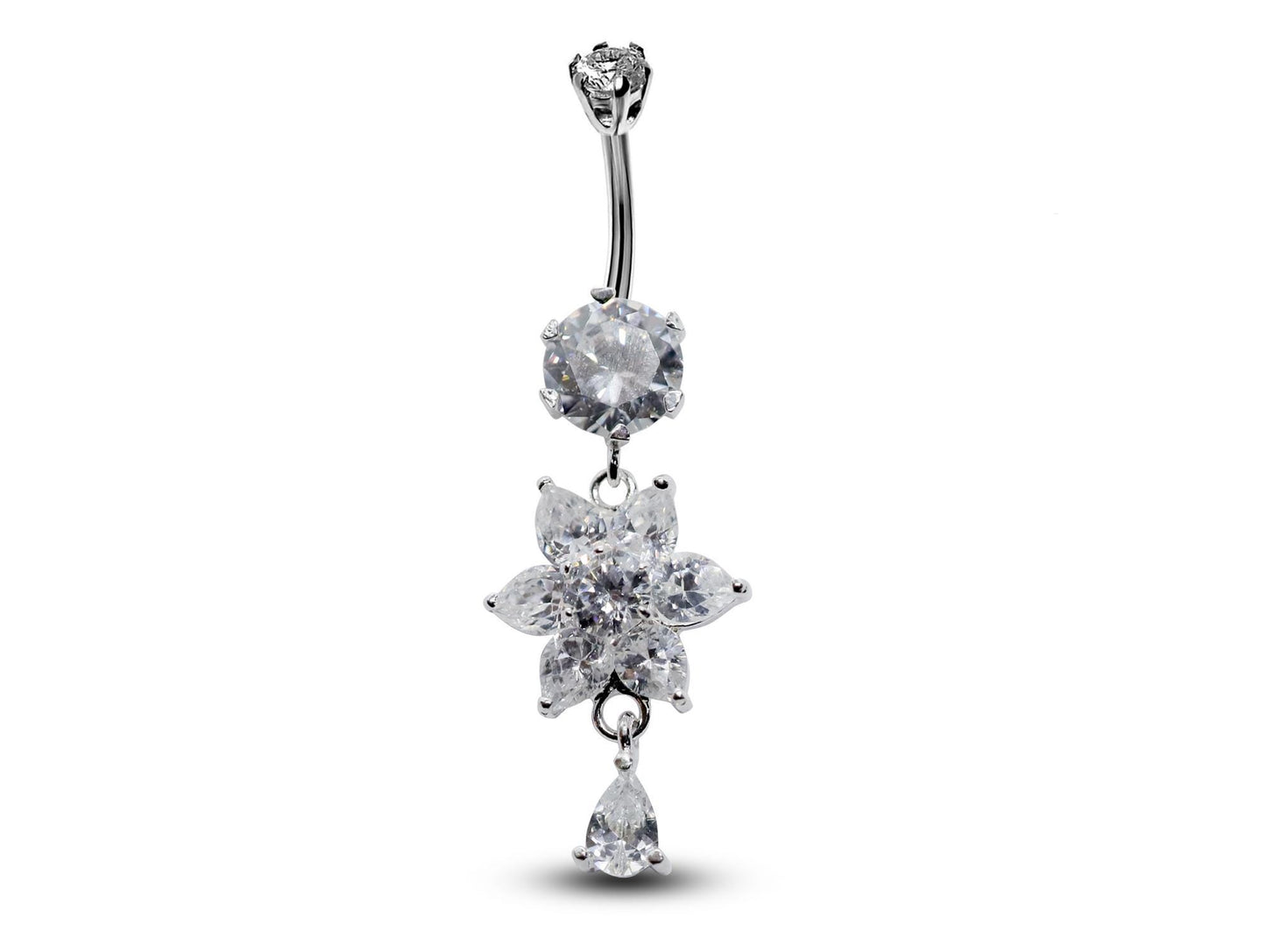 Silver Flower Belly Bars, Navel Ring - Dangle with Tear Drop Belly Piercing with CZ Crystals - Navel Jewelry - 16g (1.6mm) Length is 10mm