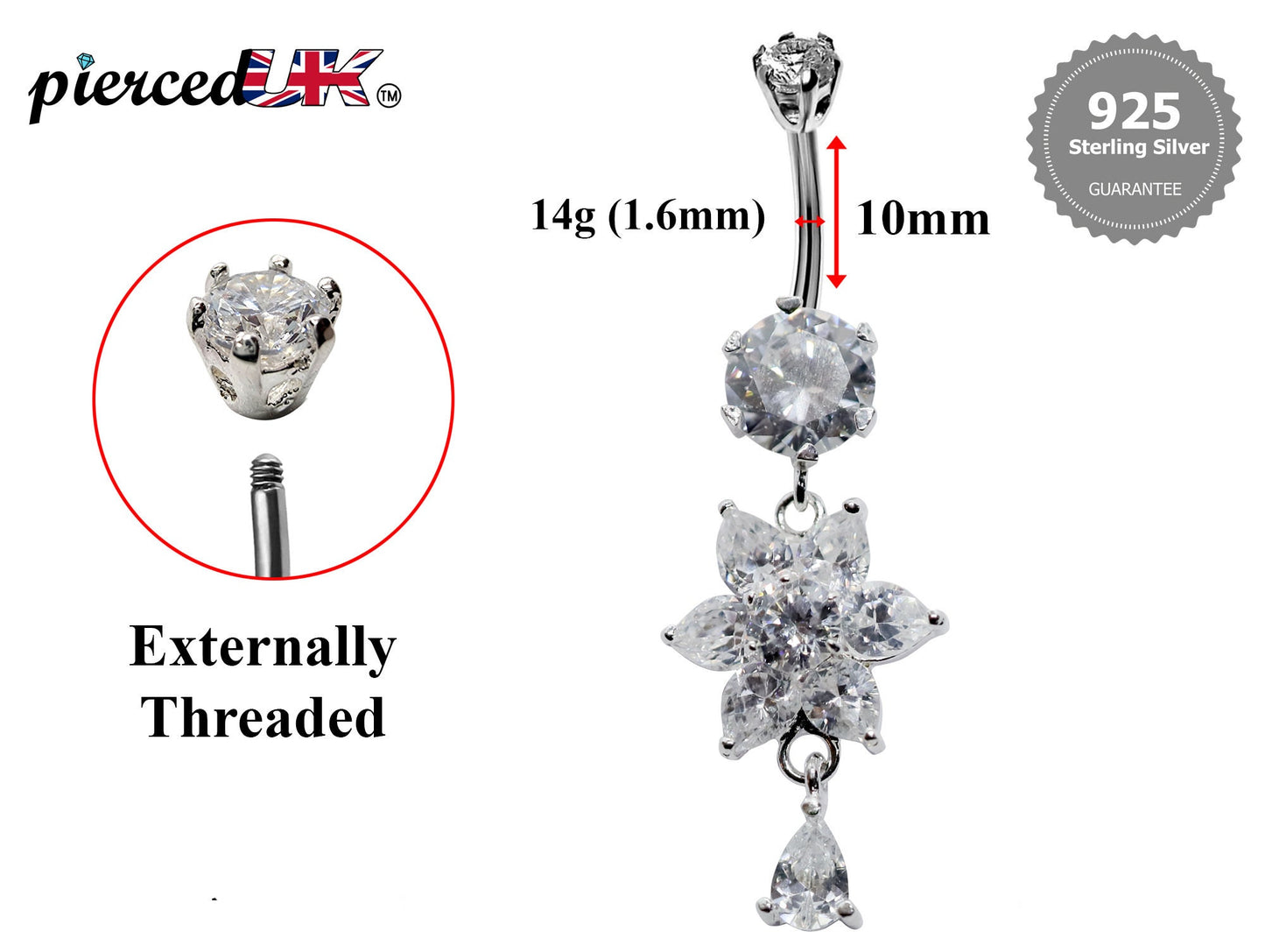Silver Flower Belly Bars, Navel Ring - Dangle with Tear Drop Belly Piercing with CZ Crystals - Navel Jewelry - 16g (1.6mm) Length is 10mm