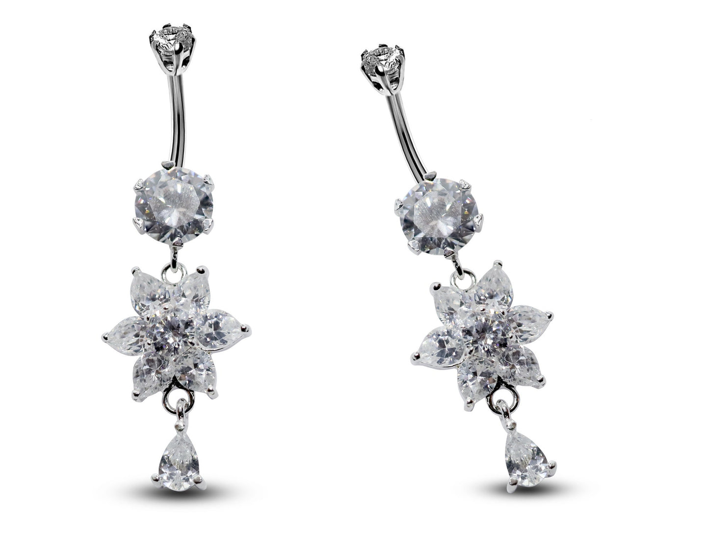 Silver Flower Belly Bars, Navel Ring - Dangle with Tear Drop Belly Piercing with CZ Crystals - Navel Jewelry - 16g (1.6mm) Length is 10mm