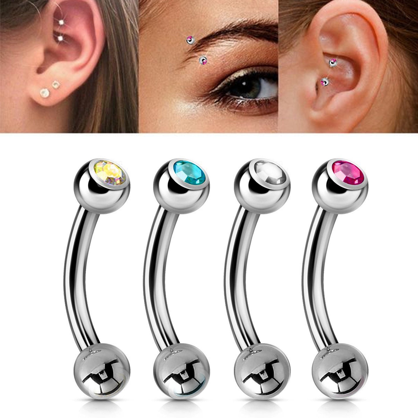 Curved Barbell, Barbell Piercing - Single Jeweled Bent Barbell - 18g 16g 14g - Piercing for belly ring, eyebrows, Ear, Tragus, Helix