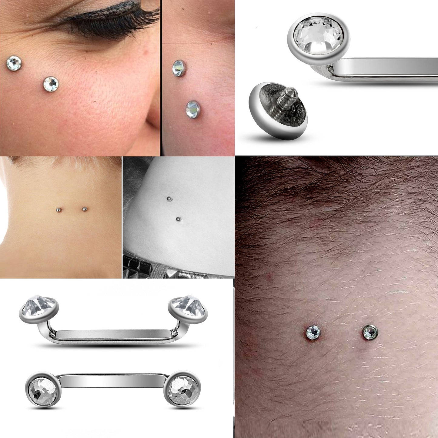 Flat Surface Piercing Jewelry, Titanium Staple Barbell - Internally Threaded Dermal Bar with Pyramid Top Gem Crystal