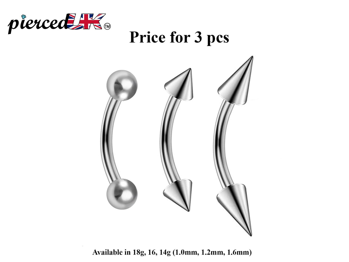 Curve Barbell, Daith Piercing – 3pcs Bent Barbell Spike / Ball / Cone Body Piercing, Earring, Daith, Helix, Cartilage and Tragus