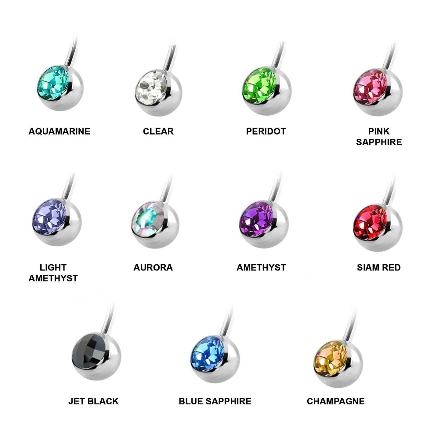 Naval Ring - Internally Threaded Belly Ring - Belly Bar with Double Gem Crystals- 14g (1.6mm) - Ideal Piercing for Navel Jewelry