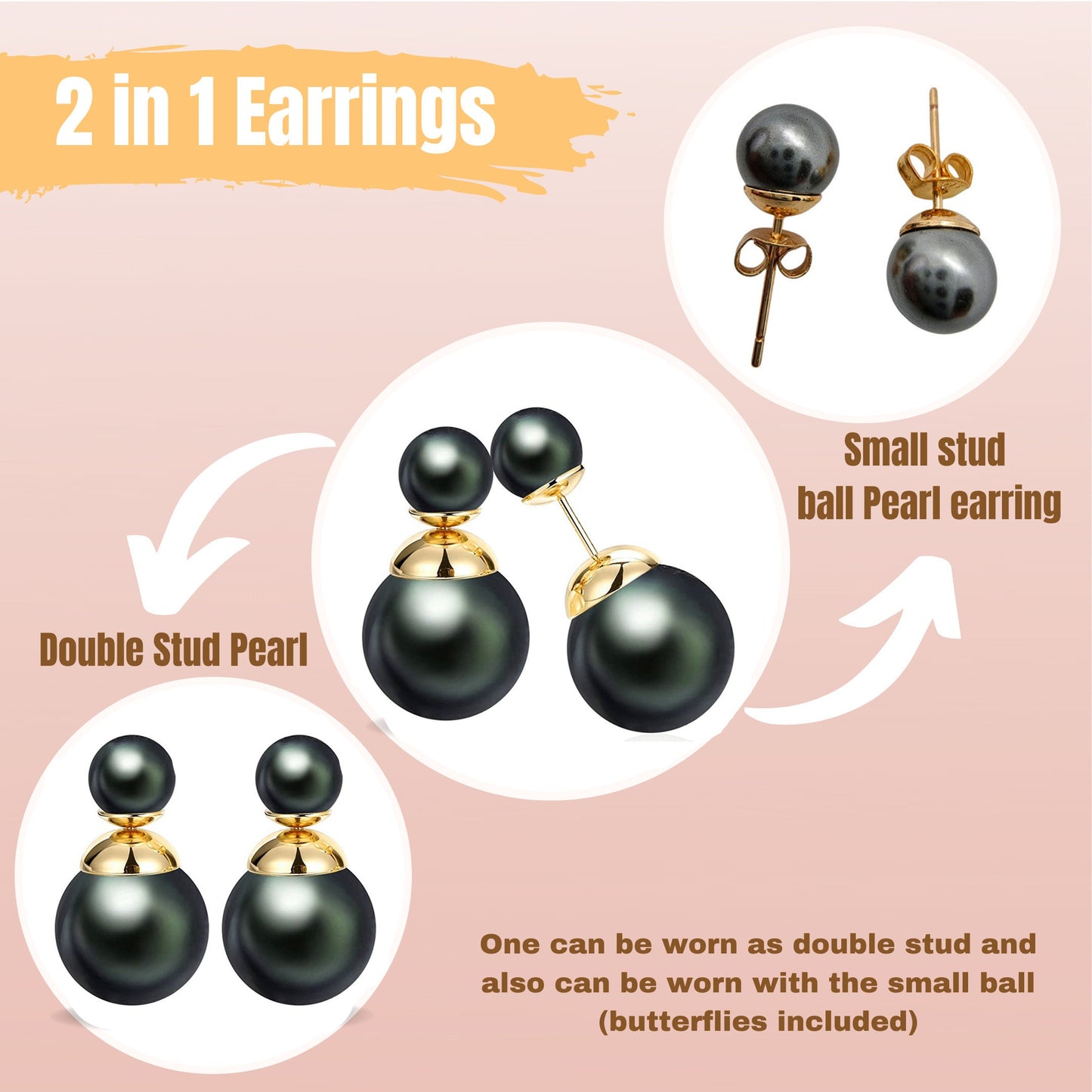 Double Sided Earrings, Double Pearl Dark Grey - Custom Front Back Earrings - Pearl Ear Jacket - 2 in 1 Earrings - Silver, Gold and Rosegold