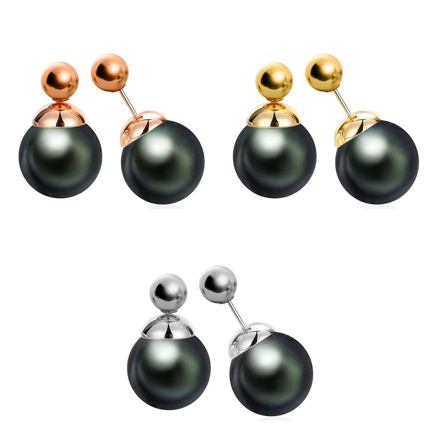 Double Sided Earrings, Double Pearl Dark Grey - Custom Front Back Earrings - Pearl Ear Jacket - 2 in 1 Earrings - Silver, Gold and Rosegold
