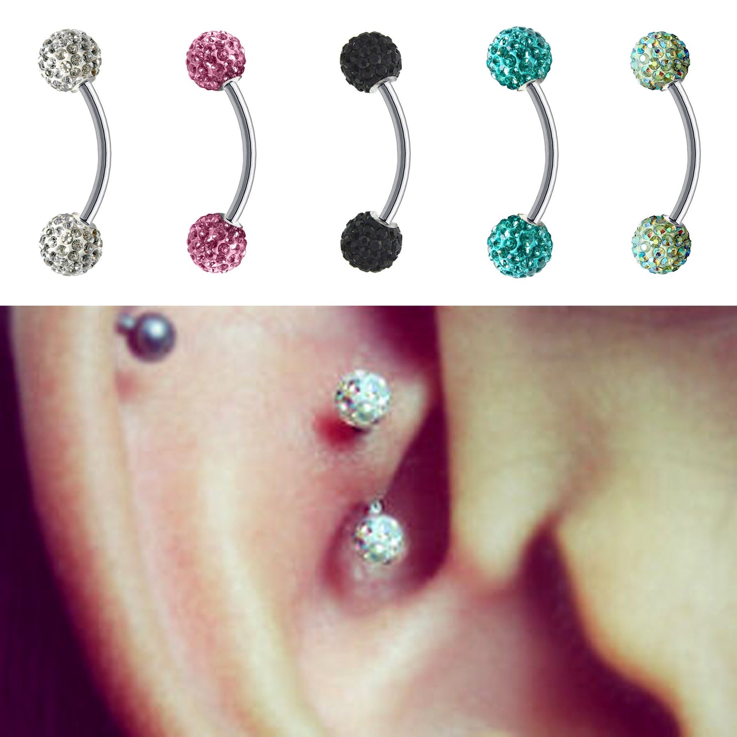 Daith Earring, Daith Piercing - Curved Barbell Piercing with Multi Crystal Ball - Piercing for Eyebrow, Ear, Belly Ring, and More