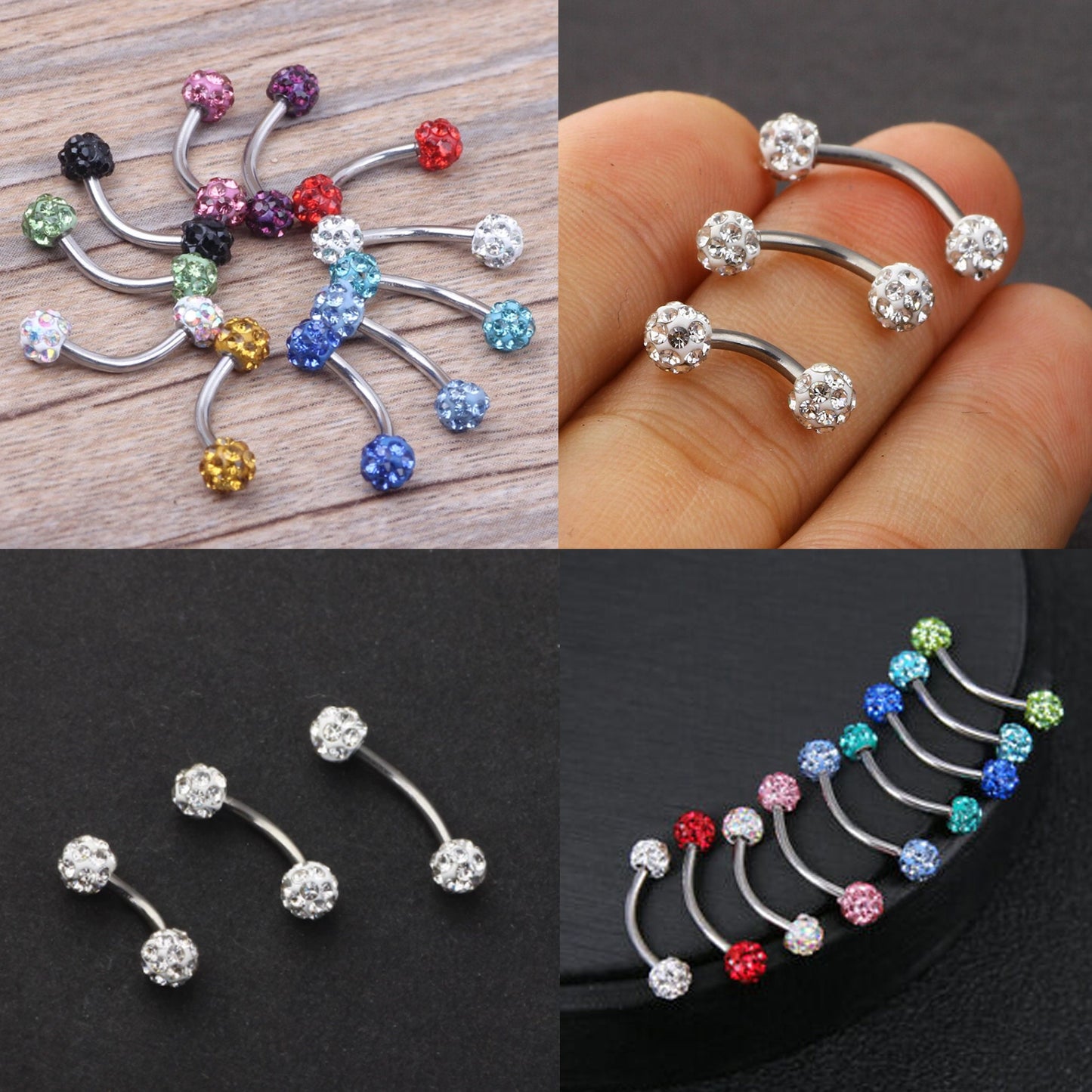 Daith Earring, Daith Piercing - Curved Barbell Piercing with Multi Crystal Ball - Piercing for Eyebrow, Ear, Belly Ring, and More