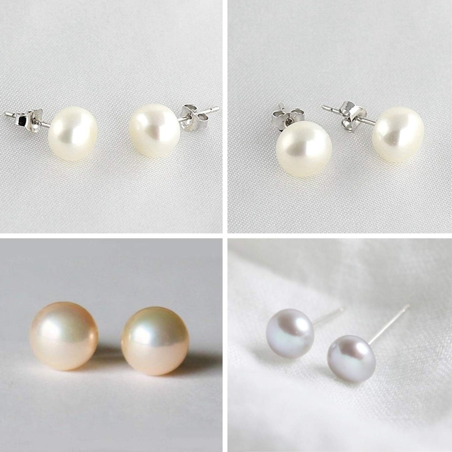 Pearl Earrings, Pearl Studs - Fresh Water Cultured Pearl - White, Peach & Dark Grey Shell Earrings - Surgical Steel Post