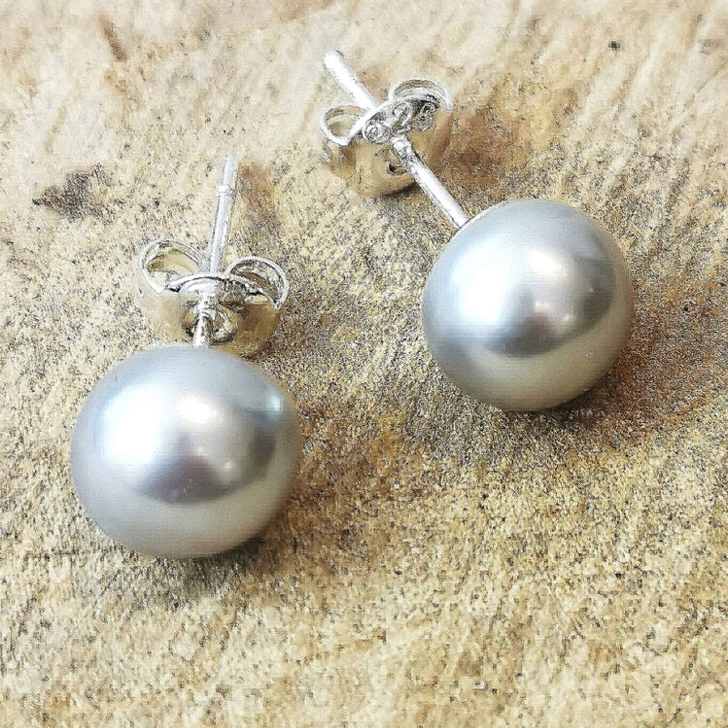 Pearl Earrings, Pearl Studs - Fresh Water Cultured Pearl - White, Peach & Dark Grey Shell Earrings - Surgical Steel Post
