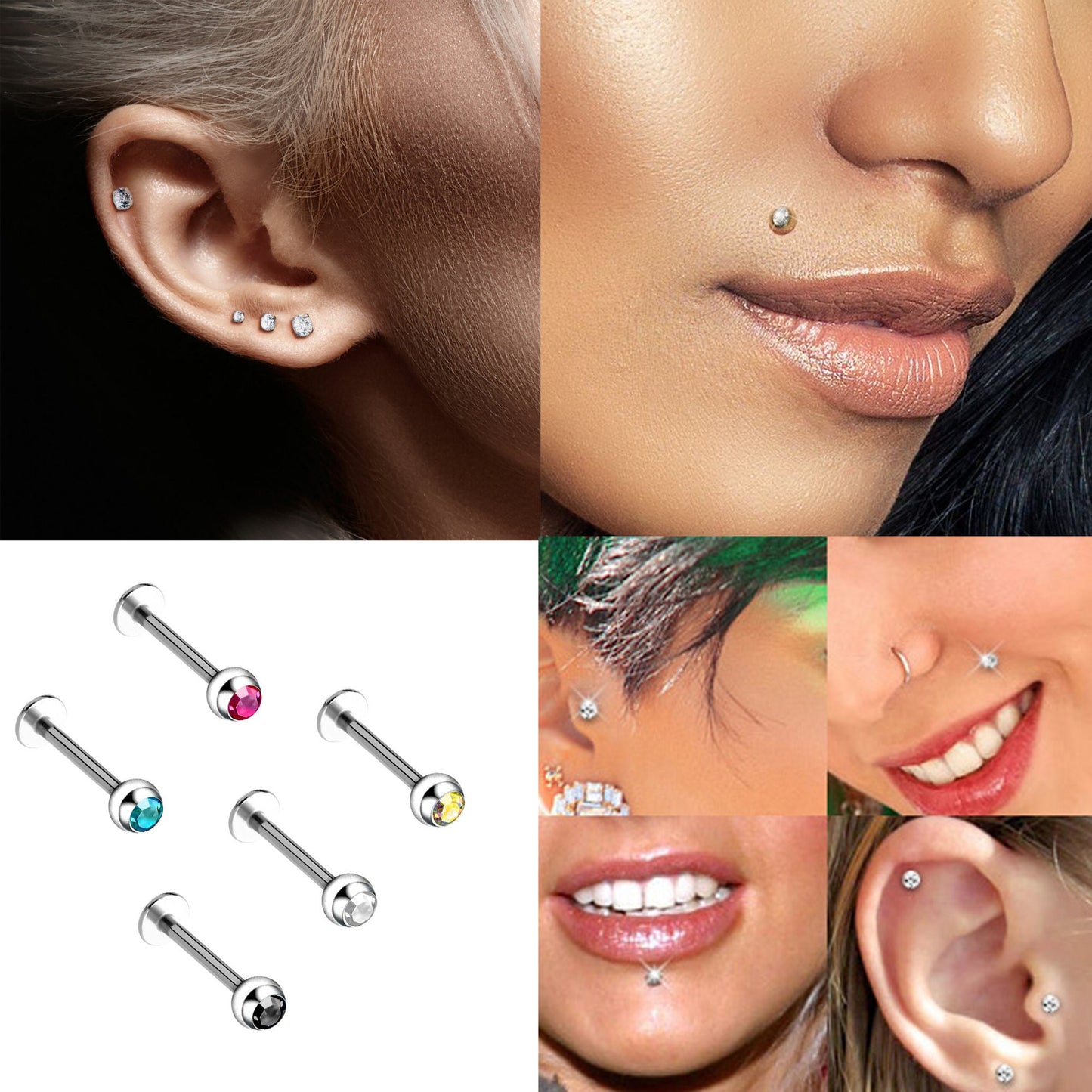 Labret Gem, Titanium Labret Piercing with Gem Crystal Ball – Flatback Lip Piercing Jewelry – 18g 16g 14g Labret Piercing for Lip, Chin