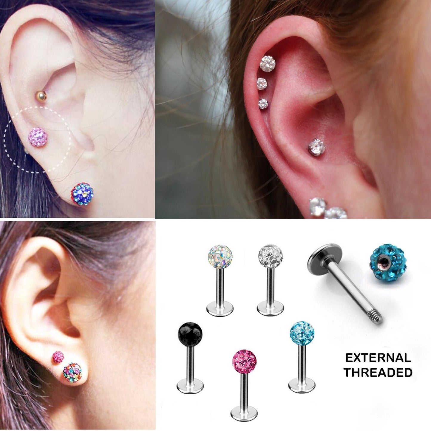 Labret Stud, Labret Piercing with Multi Crystal Ball – Flatback Lip Piercing Jewelry – Labret Piercing for Lip, Chin and More