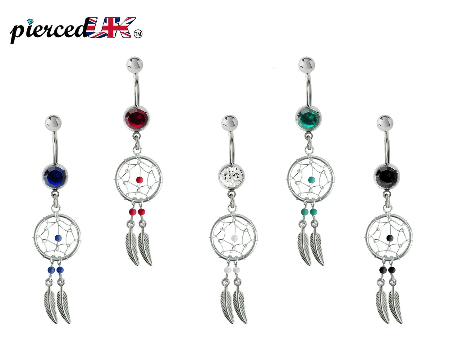 Dream Catcher Belly Ring, Navel Ring - Silver Dreamcatcher Jewellery Drop Belly Bar with Crystal and Genuine Stone Beads- 14g (1.6mm)