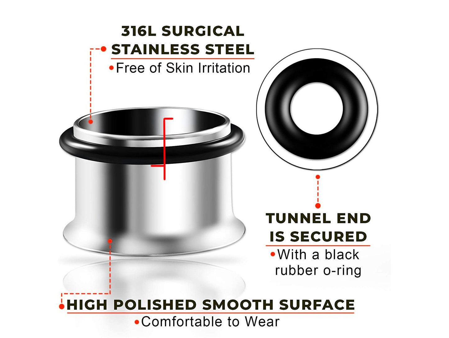 Steel Plugs, Single Flare Tunnels - Surgical Steel Plugs Earrings Piercing Tunnel with rubber O-ring for Ear Lobe Earring, Body Modification