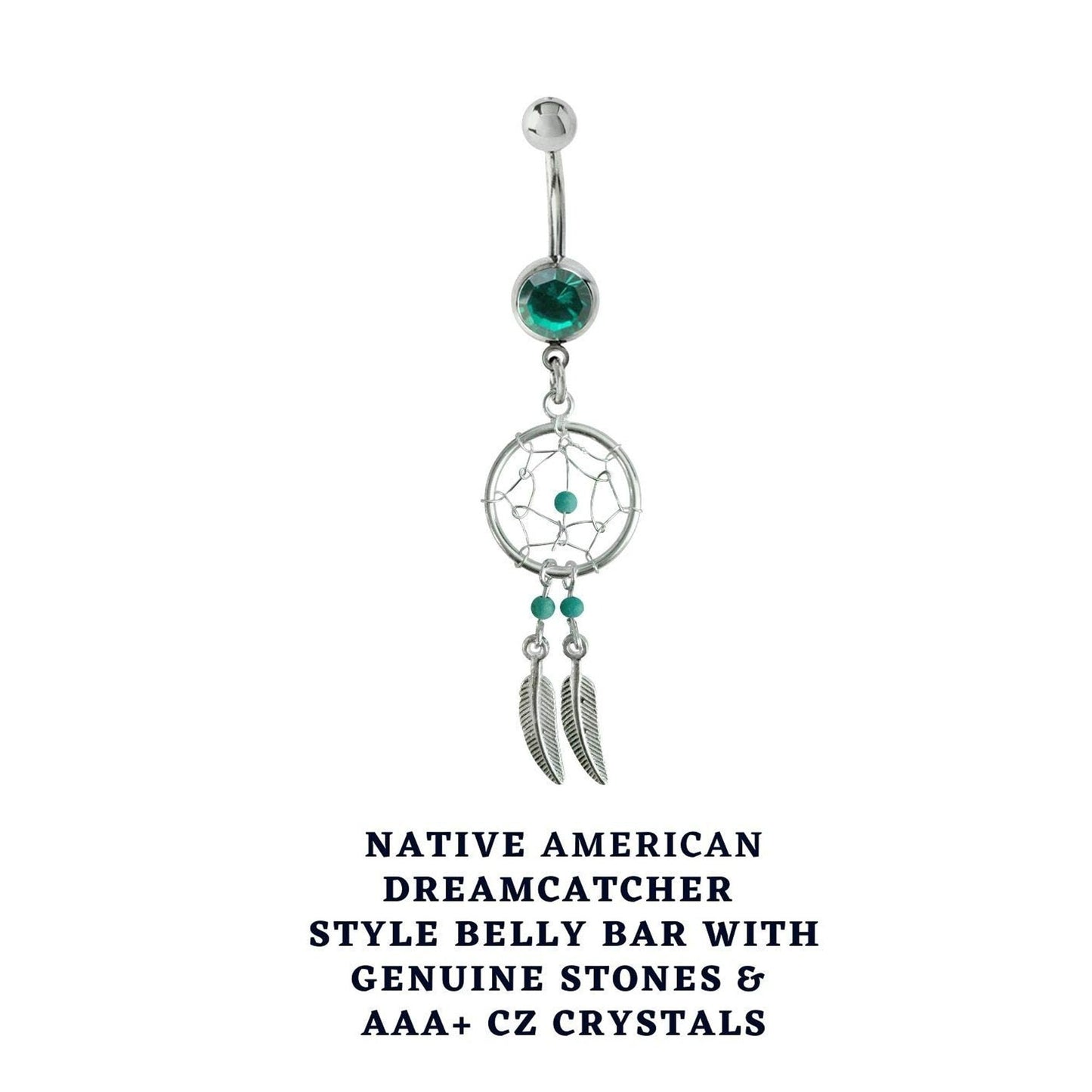 Dream Catcher Belly Ring, Navel Ring - Silver Dreamcatcher Jewellery Drop Belly Bar with Crystal and Genuine Stone Beads- 14g (1.6mm)