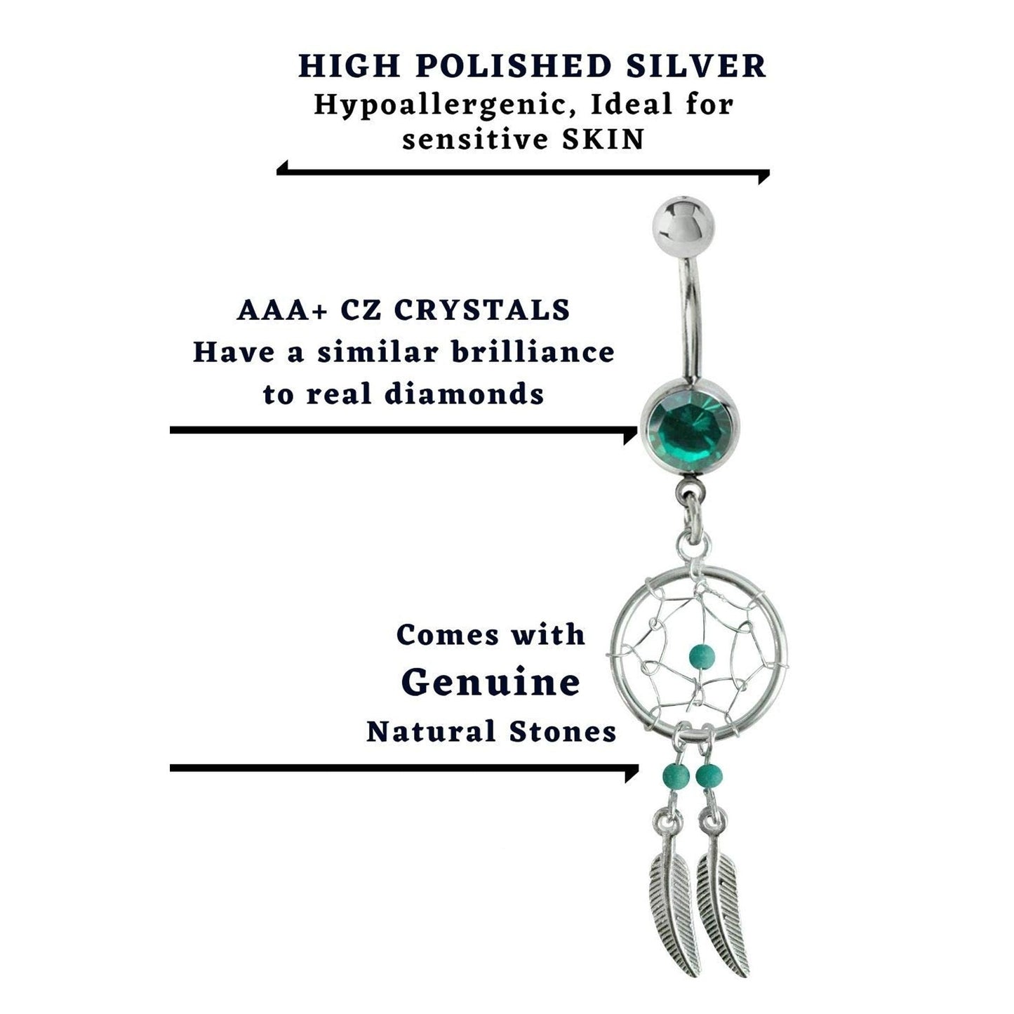 Dream Catcher Belly Ring, Navel Ring - Silver Dreamcatcher Jewellery Drop Belly Bar with Crystal and Genuine Stone Beads- 14g (1.6mm)