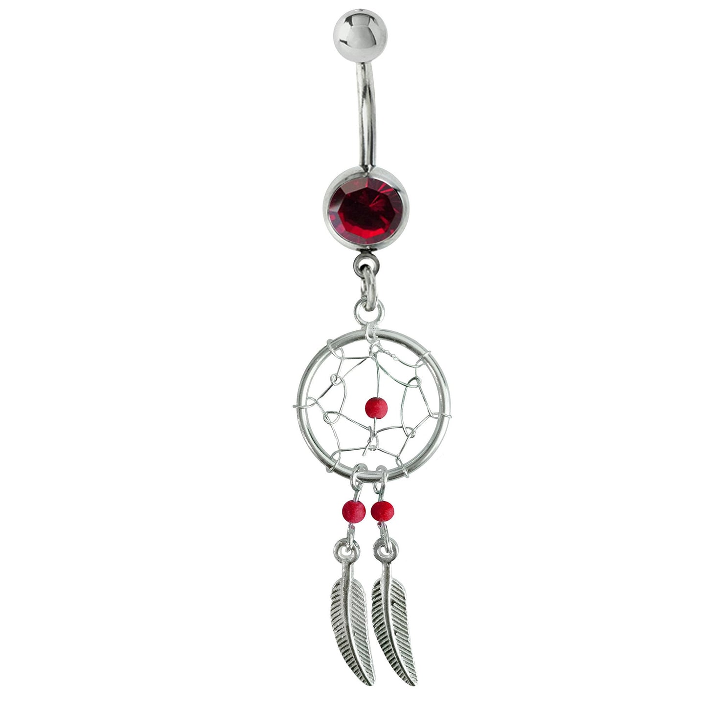 Dream Catcher Belly Ring, Navel Ring - Silver Dreamcatcher Jewellery Drop Belly Bar with Crystal and Genuine Stone Beads- 14g (1.6mm)