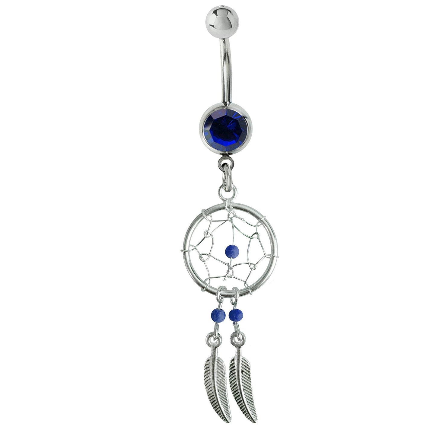 Dream Catcher Belly Ring, Navel Ring - Silver Dreamcatcher Jewellery Drop Belly Bar with Crystal and Genuine Stone Beads- 14g (1.6mm)