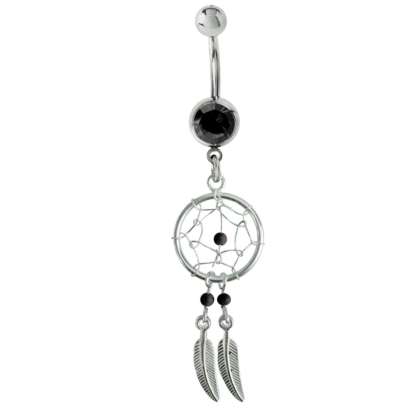 Dream Catcher Belly Ring, Navel Ring - Silver Dreamcatcher Jewellery Drop Belly Bar with Crystal and Genuine Stone Beads- 14g (1.6mm)