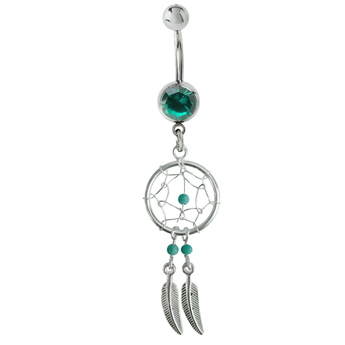 Dream Catcher Belly Ring, Navel Ring - Silver Dreamcatcher Jewellery Drop Belly Bar with Crystal and Genuine Stone Beads- 14g (1.6mm)