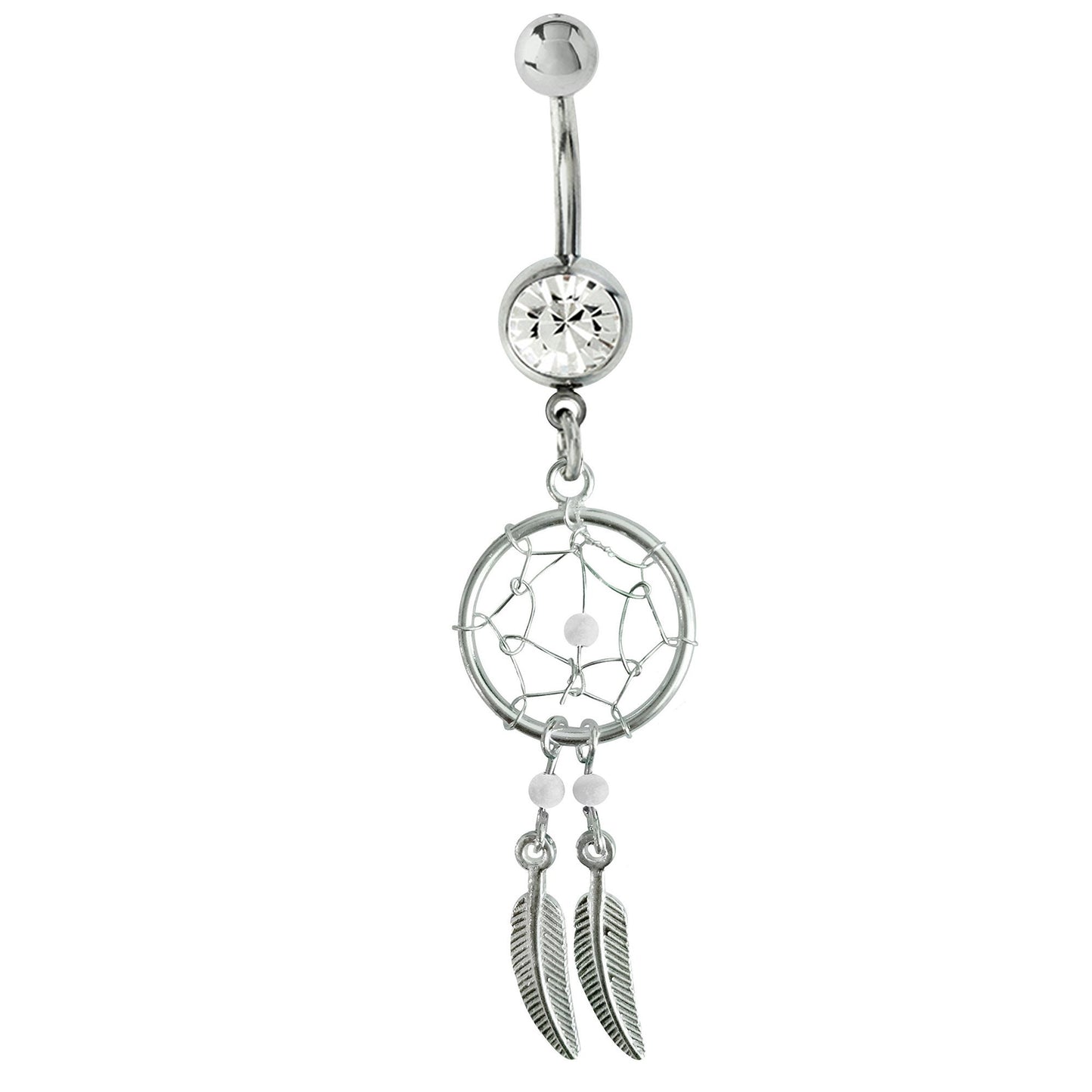 Dream Catcher Belly Ring, Navel Ring - Silver Dreamcatcher Jewellery Drop Belly Bar with Crystal and Genuine Stone Beads- 14g (1.6mm)