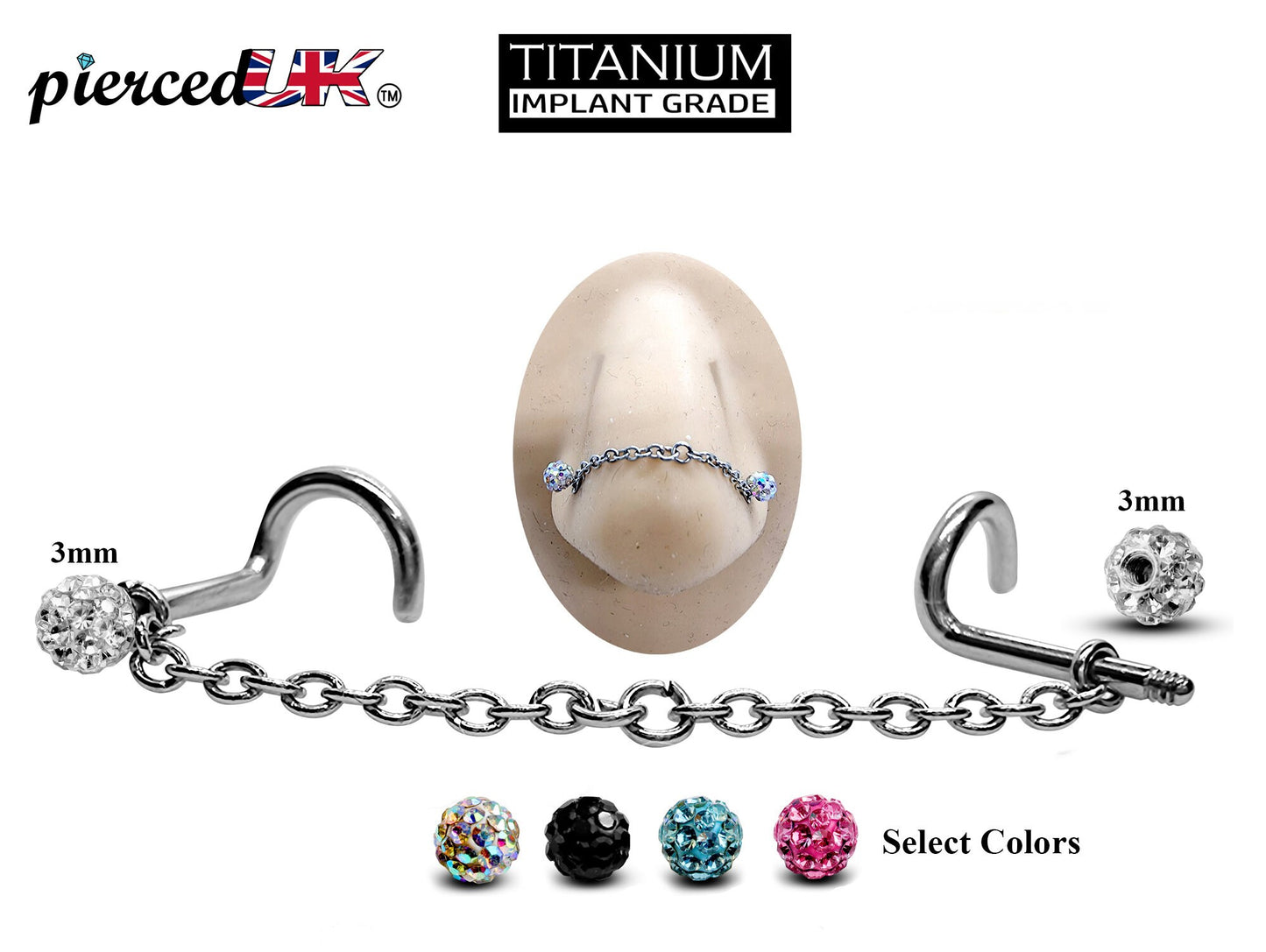 Titanium Nose Chain, Nostril Chain - Nasallang Piercing with Disco Ball Crystal - Nose Piercing, Nose Bridge Chain, Nostril Jewellery
