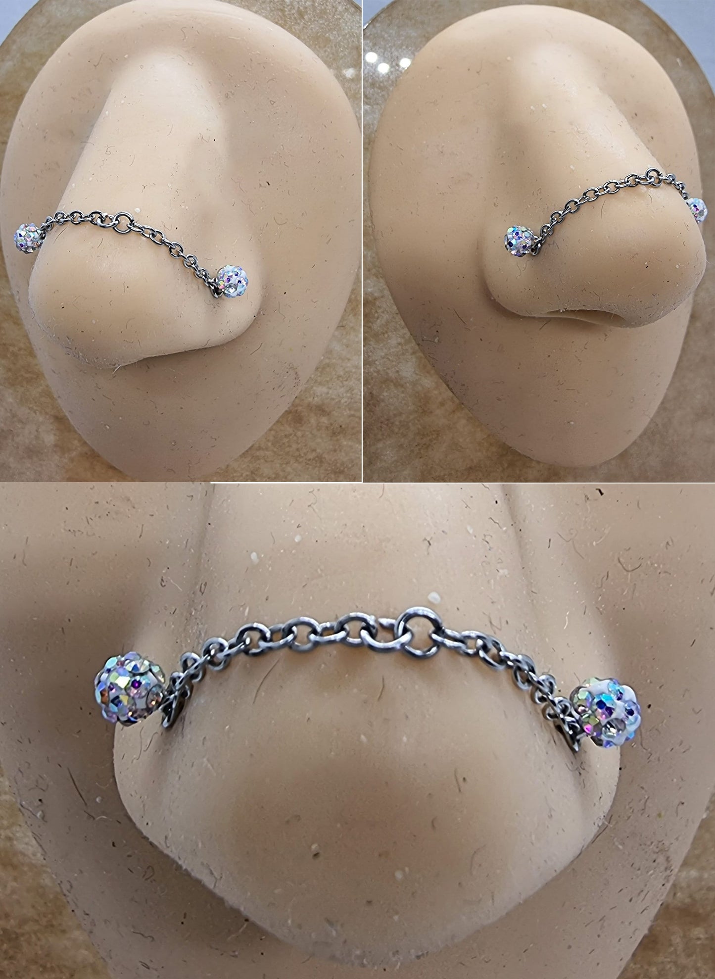 Titanium Nose Chain, Nostril Chain - Nasallang Piercing with Disco Ball Crystal - Nose Piercing, Nose Bridge Chain, Nostril Jewellery